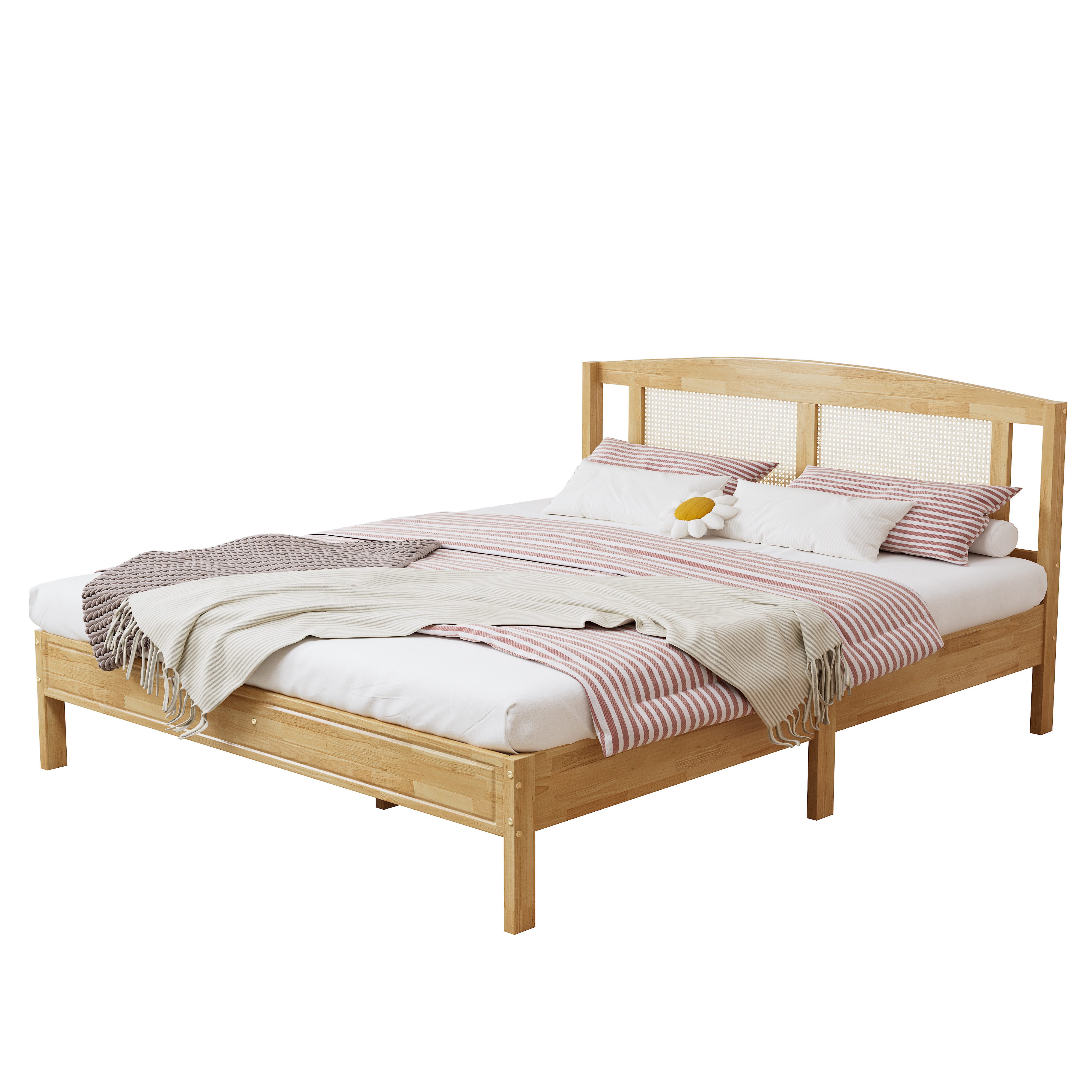 OKWISH Holzbett Rattanbett, Jugendbett Doppelbett (Rattannetzkissen, mit 15 Latten und Mittelfüße, Kiefer + PE-Rattan, 160X200cm), ohne Matratze