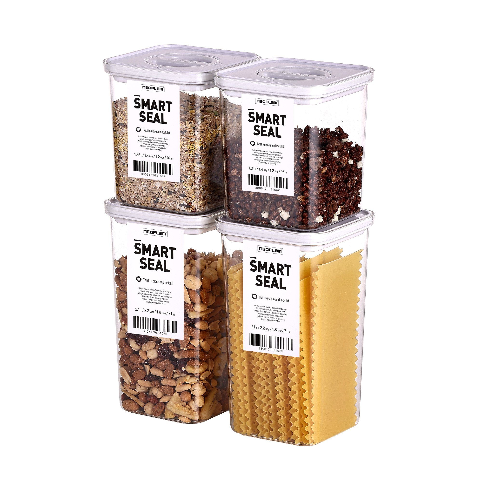 NEOFLAM® Vorratsdose Smart Seal Vorratsbehälter Set 4tlg. - Gr. 2x M, 2x L - Weiß, Kunststoff (AS & PP), Silikon, (4-tlg)