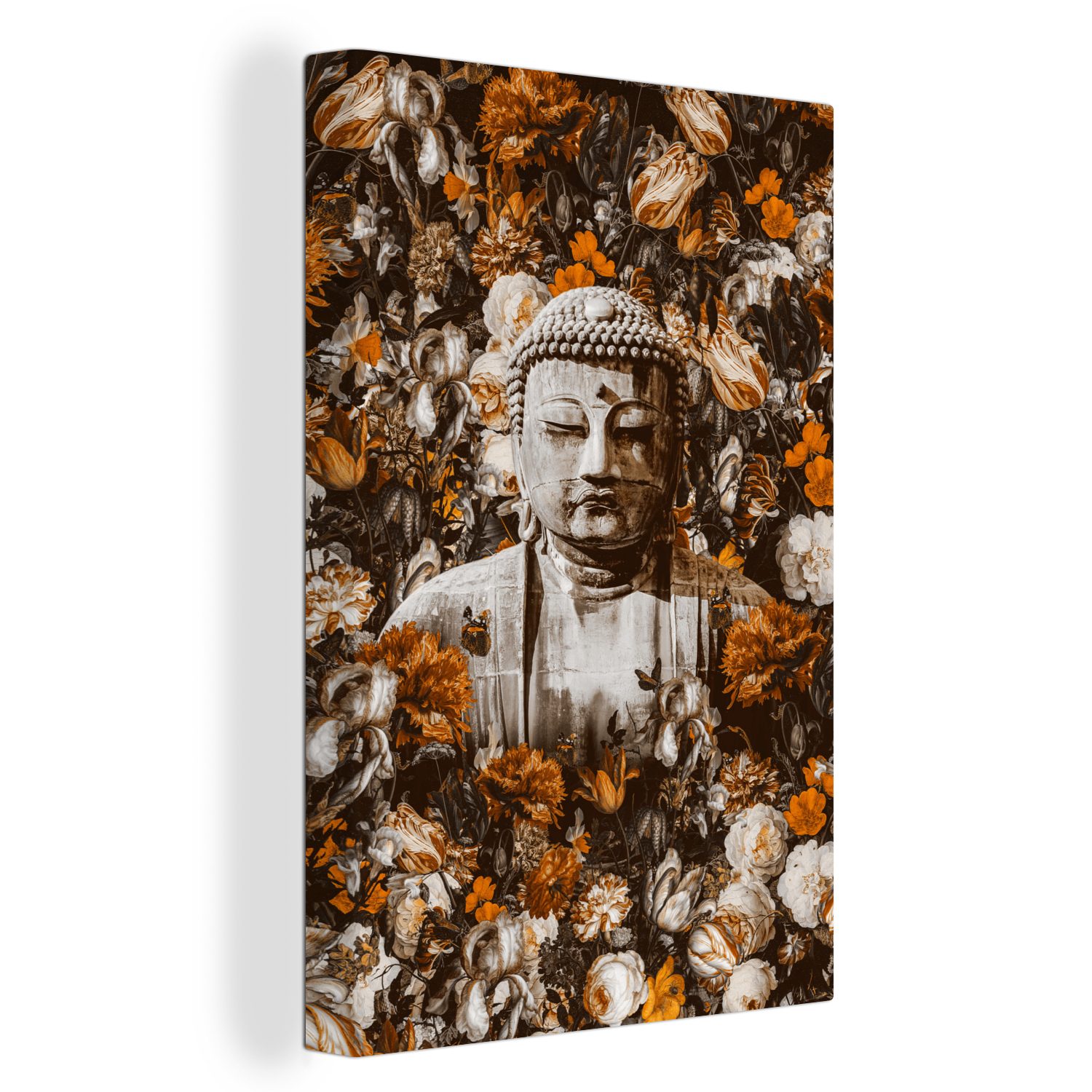 OneMillionCanvasses® Leinwandbild Buddha - Gesicht cm Blumen, (1 fertig Zackenaufhänger, bespannt inkl. Leinwandbild - 20x30 Gemälde, St)