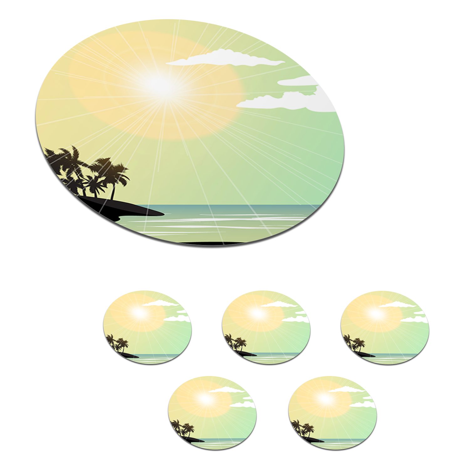 MuchoWow Glasuntersetzer Sonne - Meer - Palme, Zubehör für Gläser, 6-tlg., Getränkeuntersetzer, Tassenuntersetzer, Korkuntersetzer, Tasse, Becher
