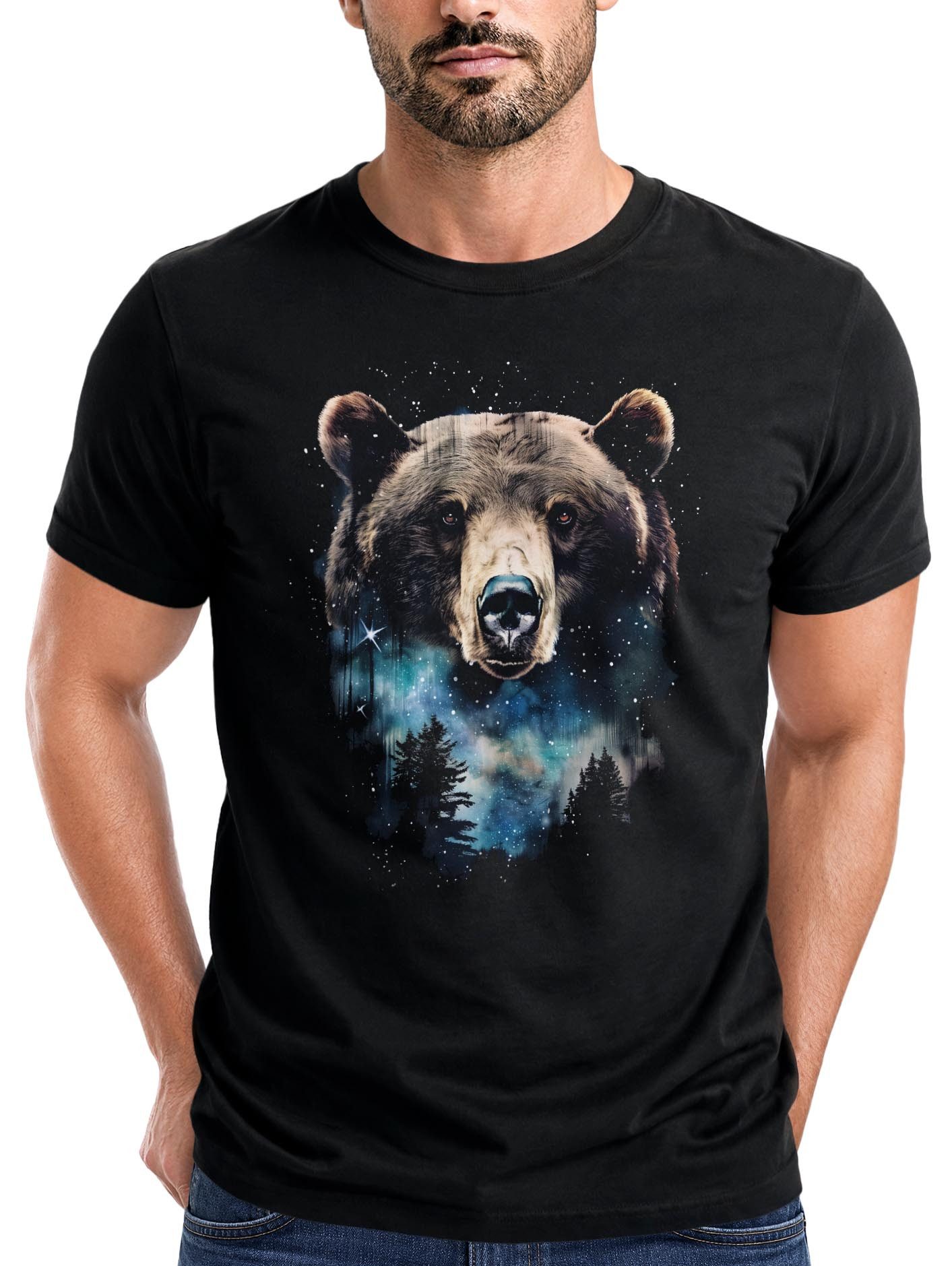 Print-Shirt Herren T-Shirt mit Frontprint Bär Sterne Wildnis Motiv Outdoor