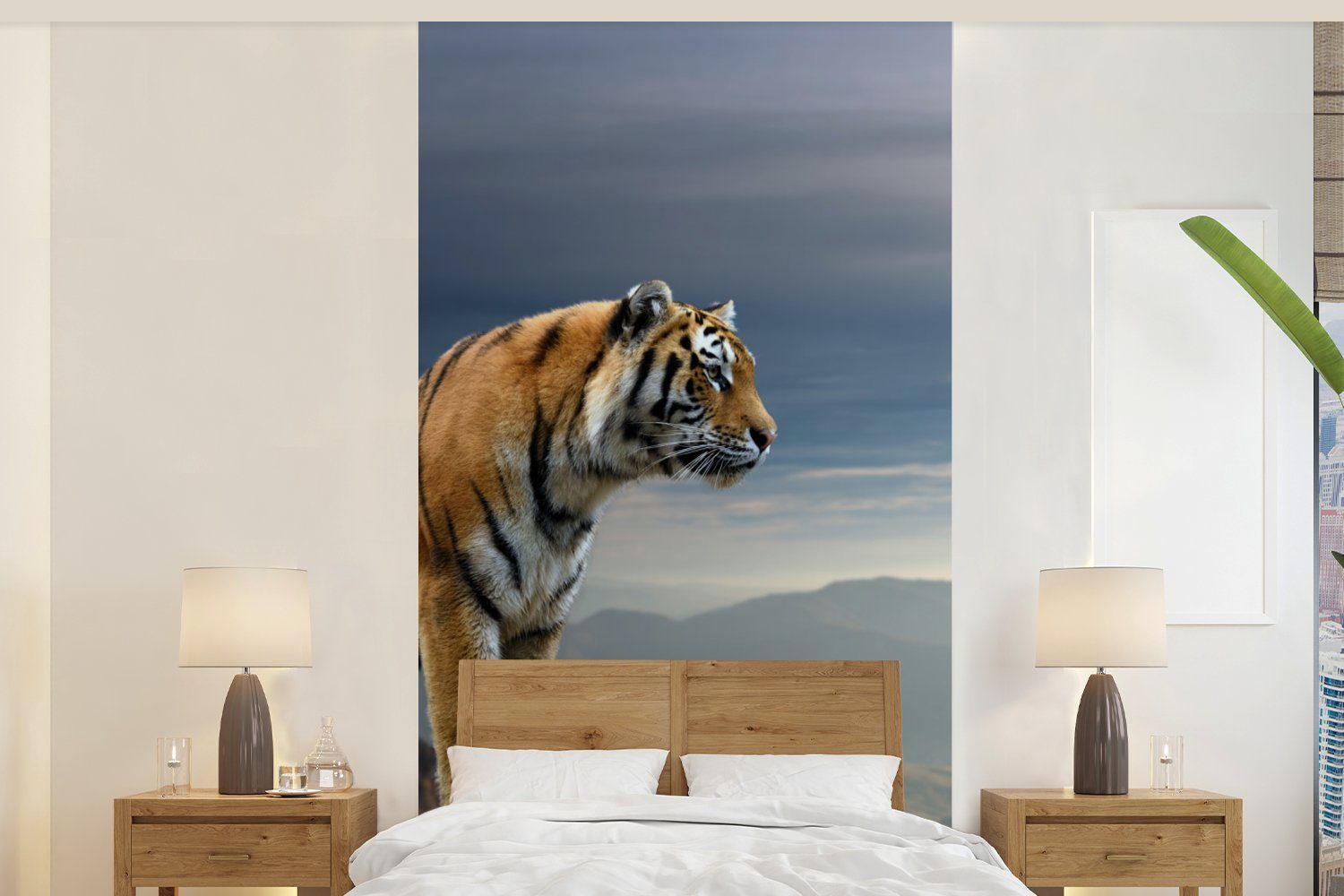 MuchoWow Fototapete Tiger - Berg - Natur - Landschaft, Matt, bedruckt, (2 St), Vliestapete für Wohnzimmer Schlafzimmer Küche, Fototapete