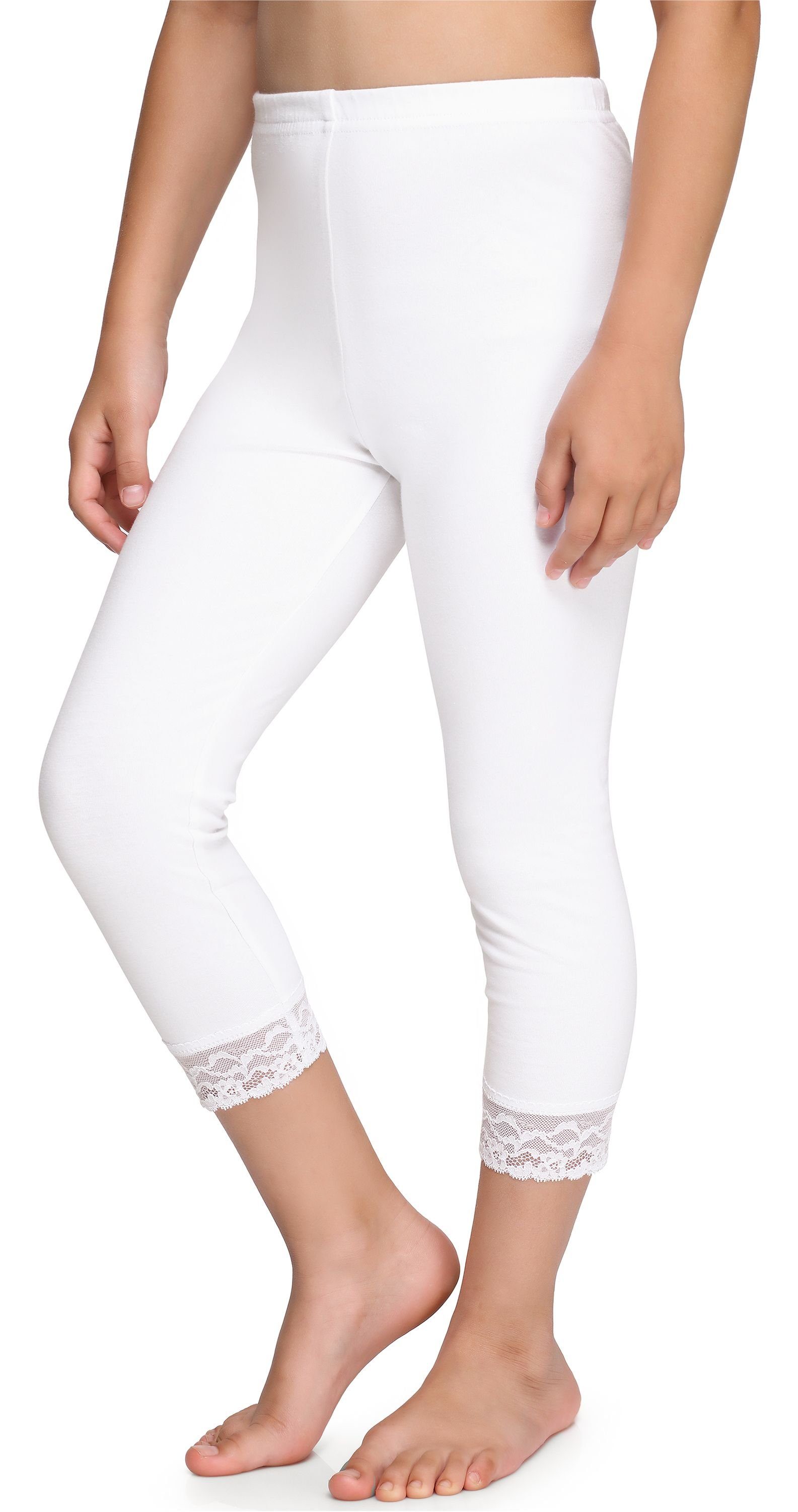 Merry Style Leggings Weiß (1-tlg) Bund elastischer mit Baumwolle Capri Spitze aus 3/4 MS10-228 Leggings Mädchen