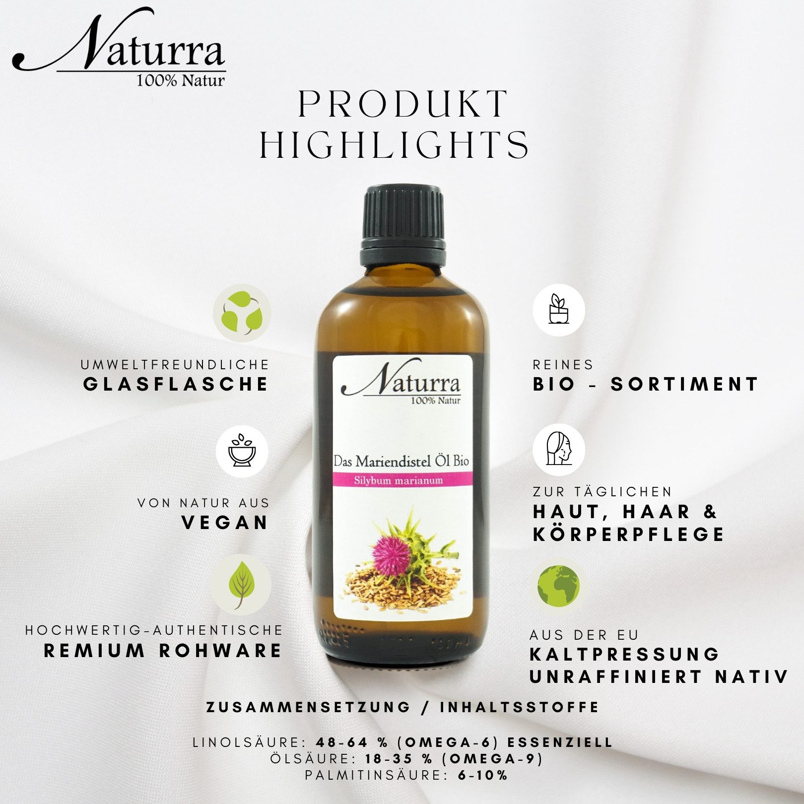 Naturra Körperöl Mariendistelöl Bio kaltgepresst unraffiniert Premiumqualität Glas, Native Rohware in Lebensmittelqualität, natürlich vegan, Omega-6-9