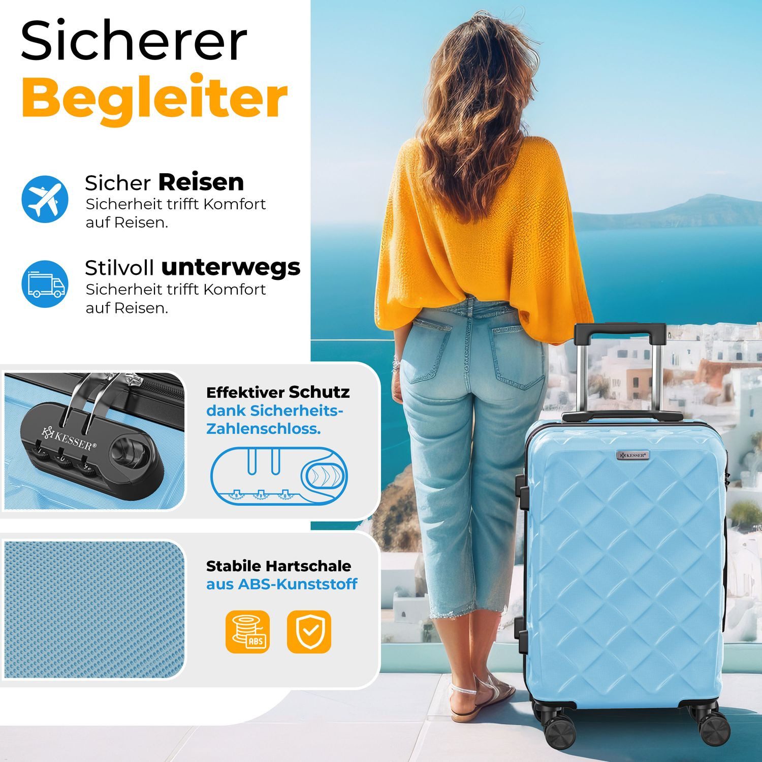 KESSER Kofferset, 4-teilig ABS Hartschalenkoffer mit Zahlenschloss, Waage & Brieftasche