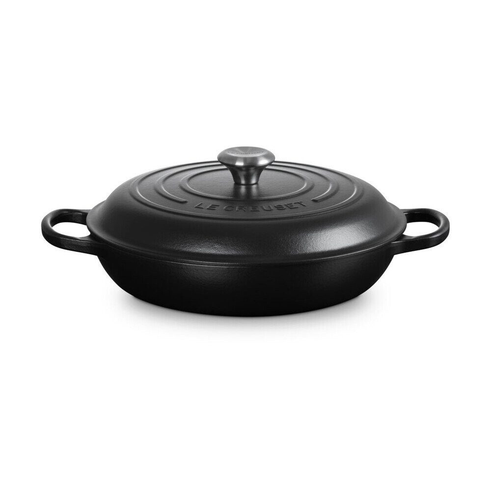 LE CREUSET Bräter Gourmet-Profitopf mit Deckel 30 cm Signature Schwarz, Emailliertes Gusseisen, flacher Schmortopf, Cocotte, Servierpfanne, ca. 3-4 Pers., Ø30cm