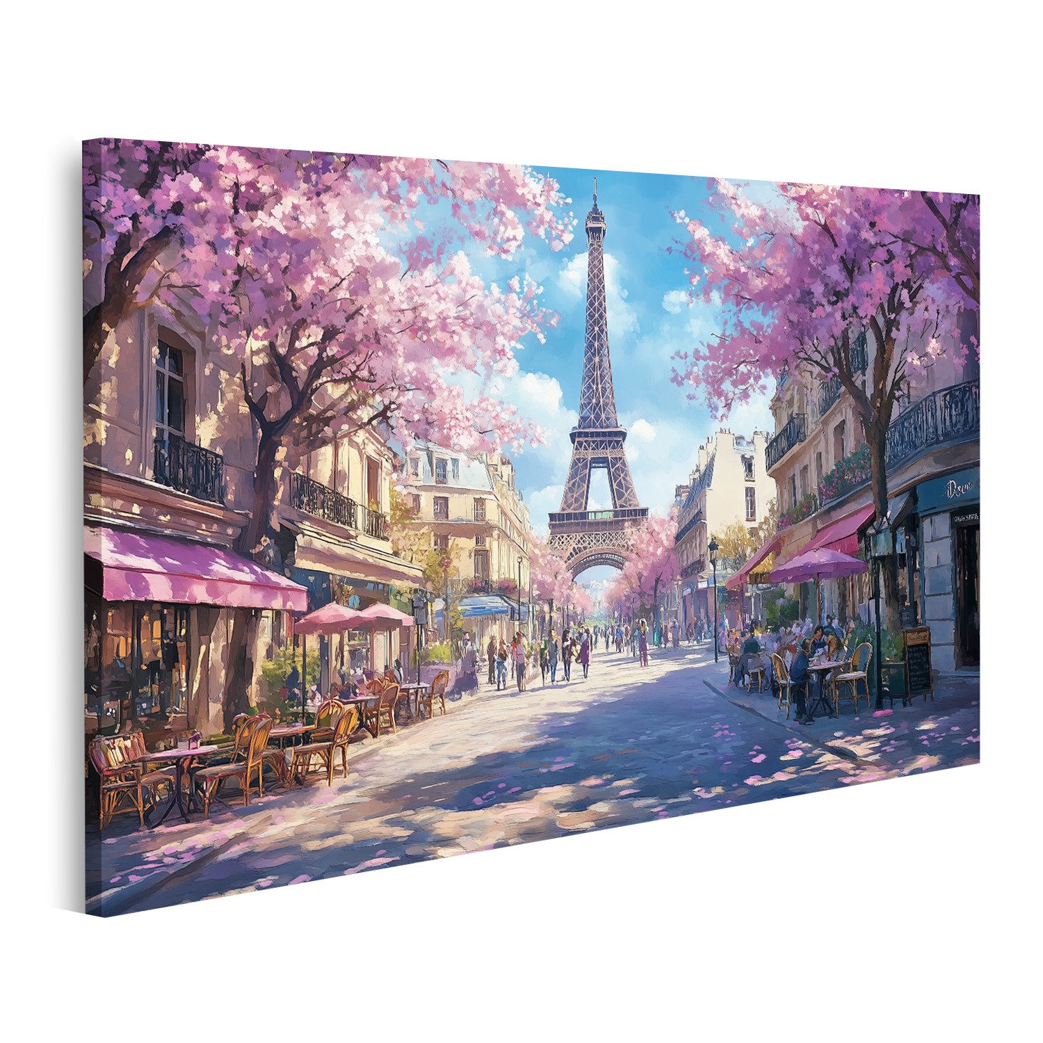 Leinwandbild Frühlingsstraße in Paris mit Eiffelturm und blühenden Bäumen