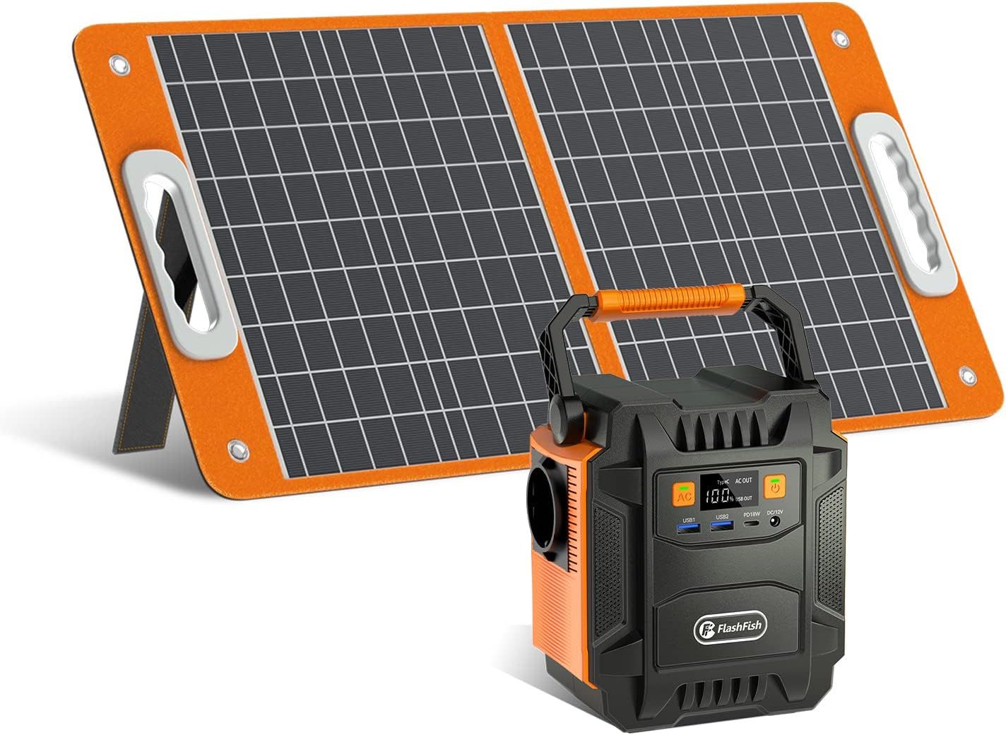 Flashfish Stromerzeuger Powerstation 200W, 172Wh Stromgenerator Solar, AC-Ausgang 230V, 0,4 in kW, mit 60W Solarpanel