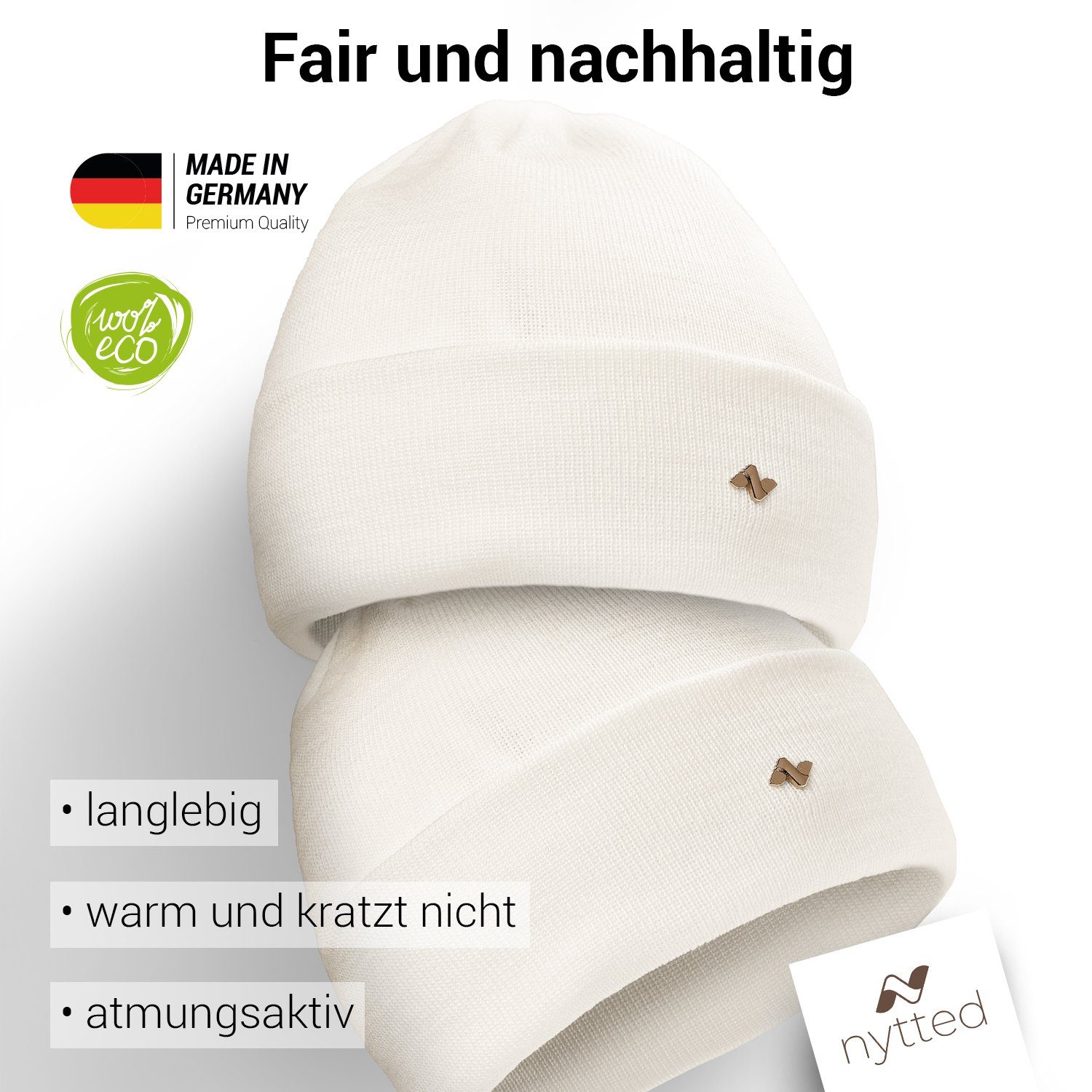 Made - Wintermütze Germany NYTTED® in - 100% Beanie wollweiss Merino-Wolle für & - Damen Herren