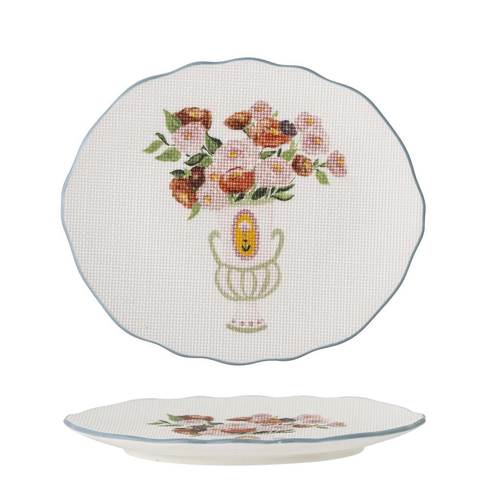 Bloomingville Speiseteller Dorothy Teller, Bunt, Steingut, Keramikteller, Frühstücksteller, Stickereioptik, Skandinavisch, Unikat