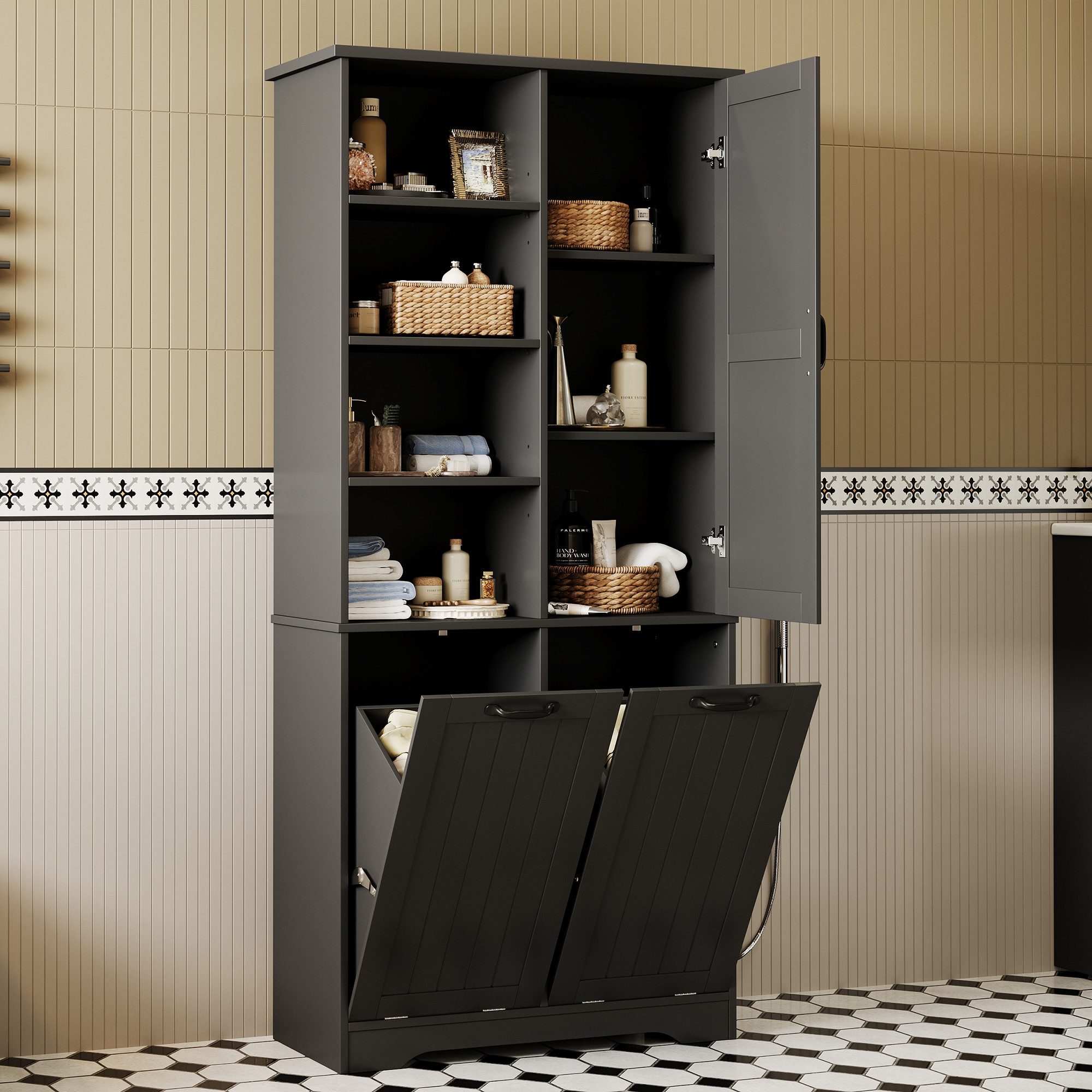Flieks Badkommode Hochschrank mit doppelter Wäschekorb, 7 Fächern (B78/T35/H172,7 cm, 1 St., mit verstellbaren Einlegeböden und 2 Klappen), Badezimmerschrank feuchtigkeitsbeständiger Holzschrank aus MDF Schwarz