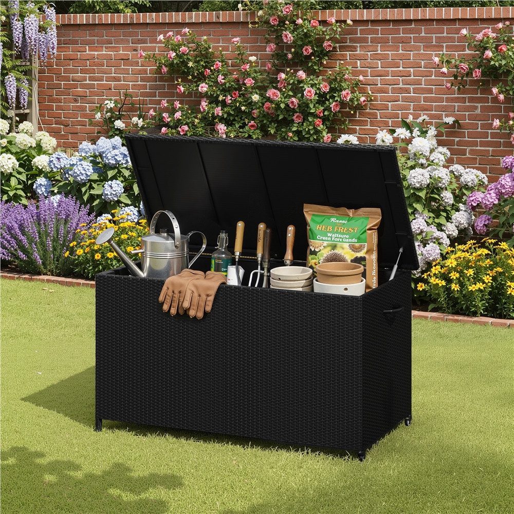 Yaheetech Auflagenbox Gartenbox mit Deckel & Rollen, Gartentruhe Aufbewahrungsbox aus PE-Rattan 651 L