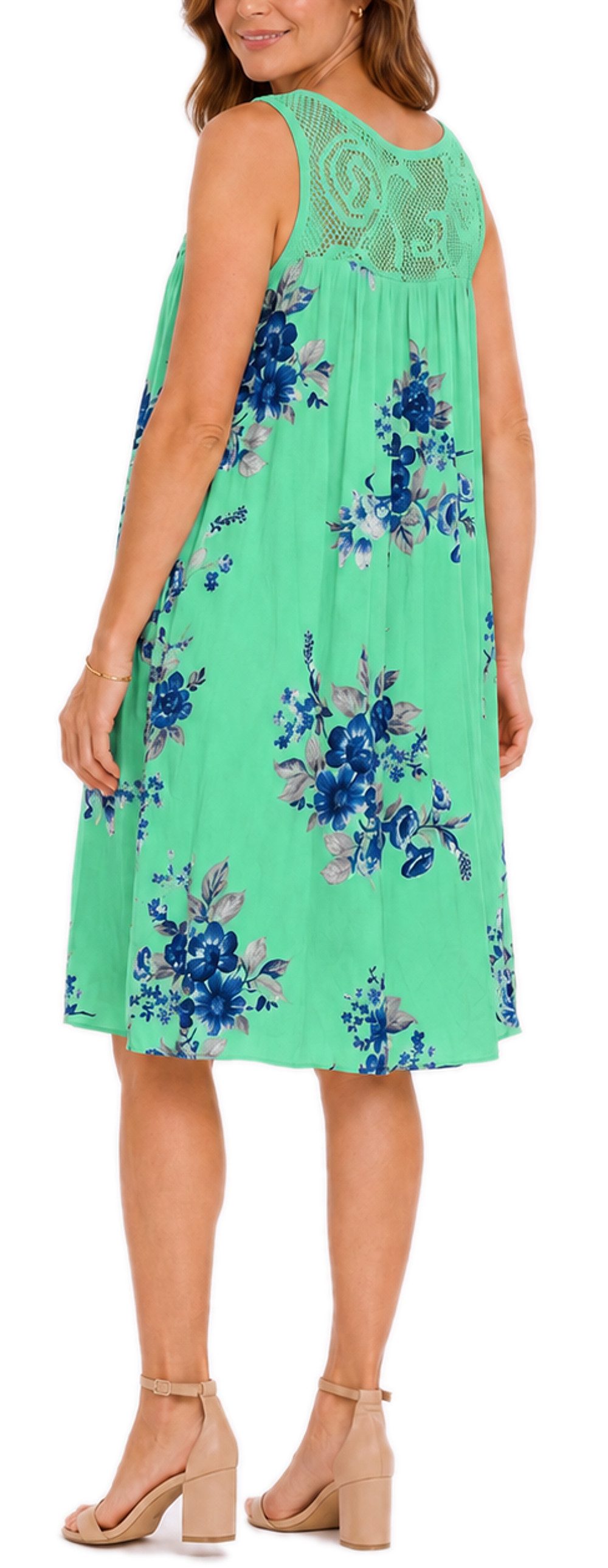 dy_mode Midikleid Damen Sommerkleid Blumenmuster Midi Kleid Strandkleid knielang Knielang, Transparente Häkel-Einsatz im Dekolleté- und Rückenbereich
