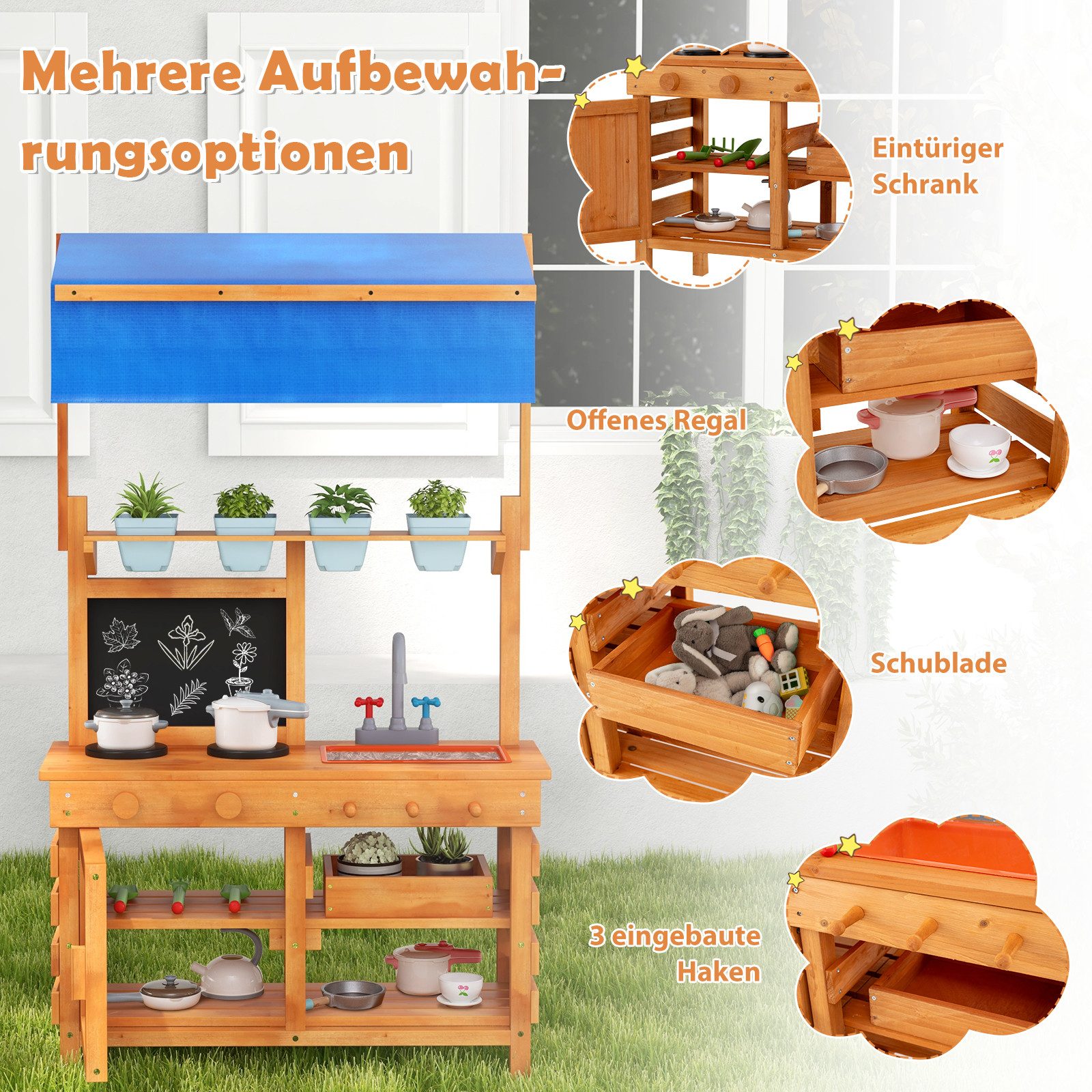 KOMFOTTEU Outdoor-Spielküche, Matschküche aus Tannenholz mit verstellbarem Baldachin