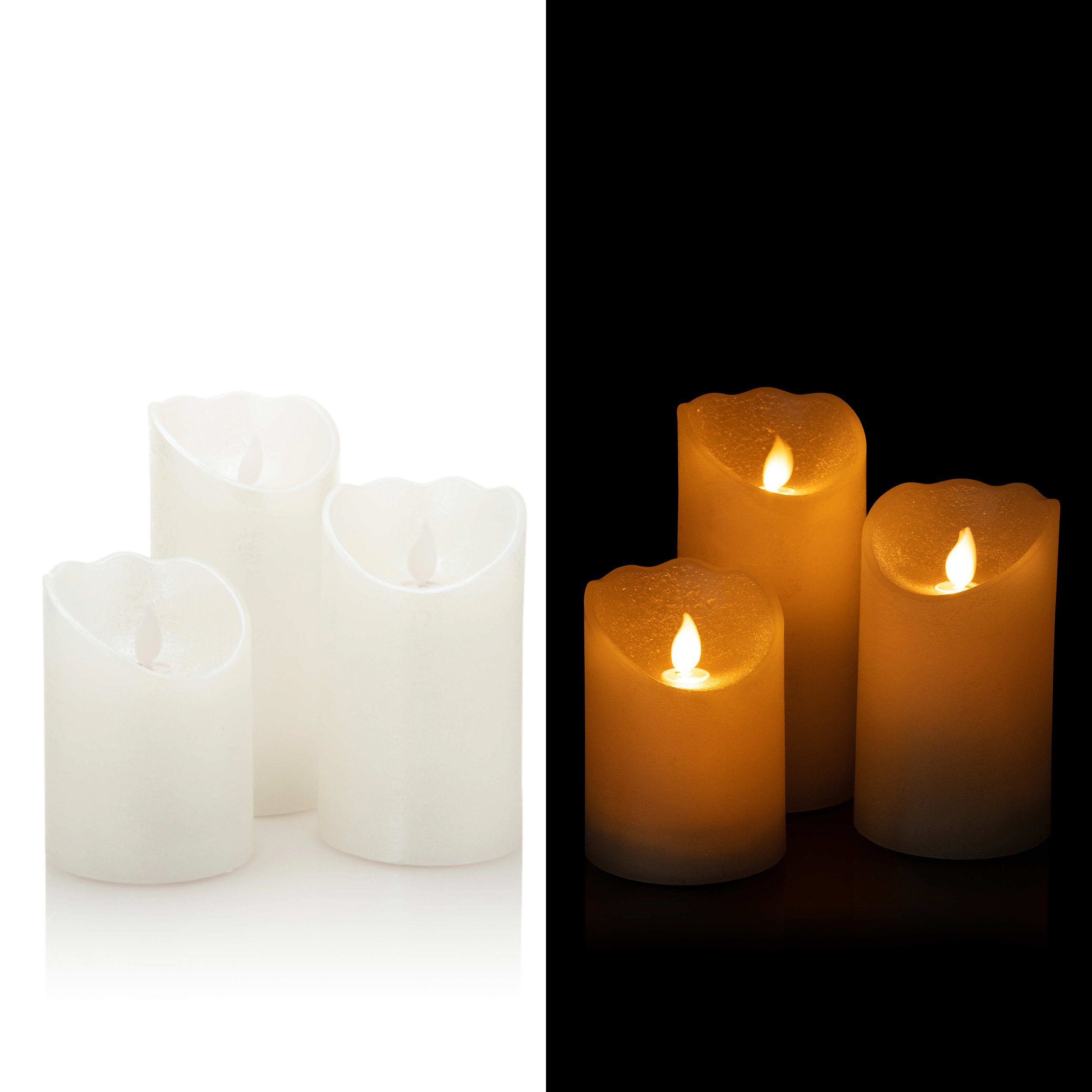 Online-Fuchs LED-Kerze als 3er Set aus Echtwachs, Stumpenkerze mit beweglicher  Flamme (6-Stunden-Timer, WEIß), Maße: 10/12,5 und 15 cm hoch x 7,5 cm  Durchmesser