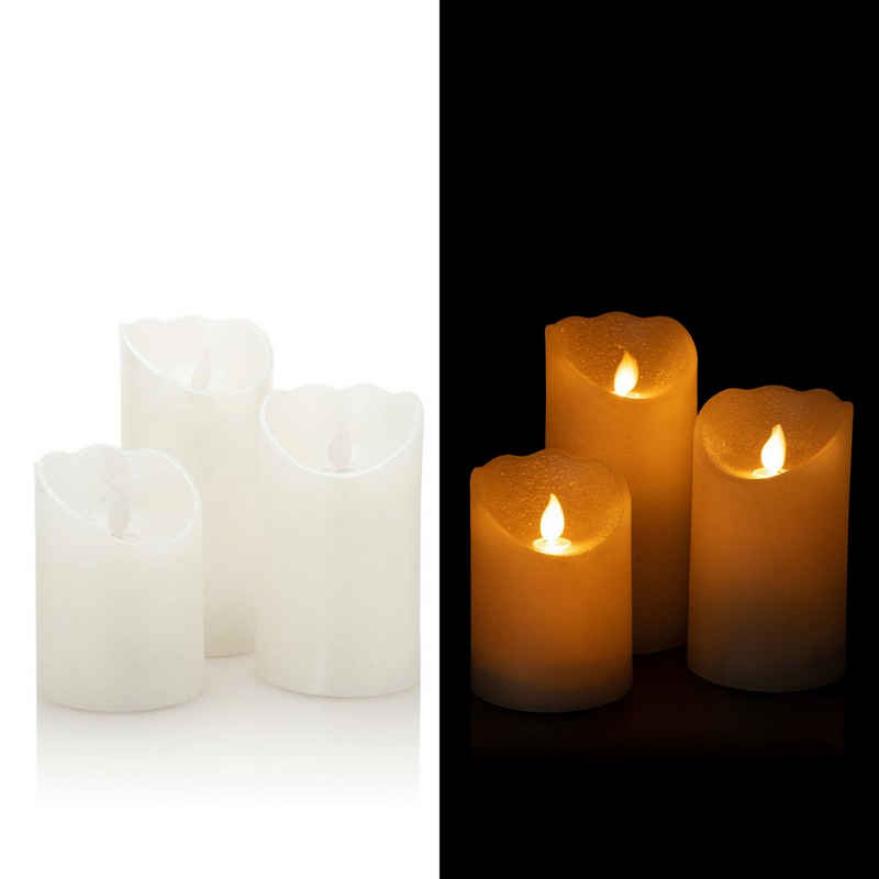 Online-Fuchs LED-Kerze als 3er Set aus Echtwachs, Stumpenkerze mit beweglicher Flamme (6-Stunden-Timer, WEIß), Maße: 10/12,5 und 15 cm hoch x 7,5 cm Durchmesser