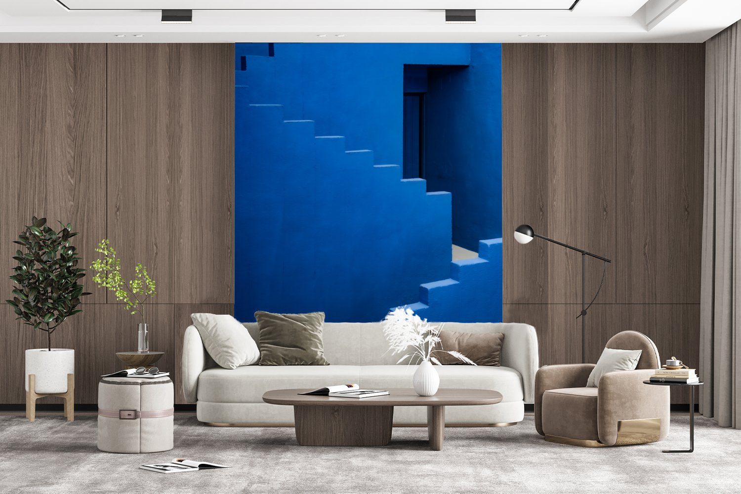 bedruckt, Wohnzimmer, Gebäude, Blau für - Tapete MuchoWow (4 Montagefertig Fototapete - Vinyl - Treppe Wandtapete Matt, St), Architektur