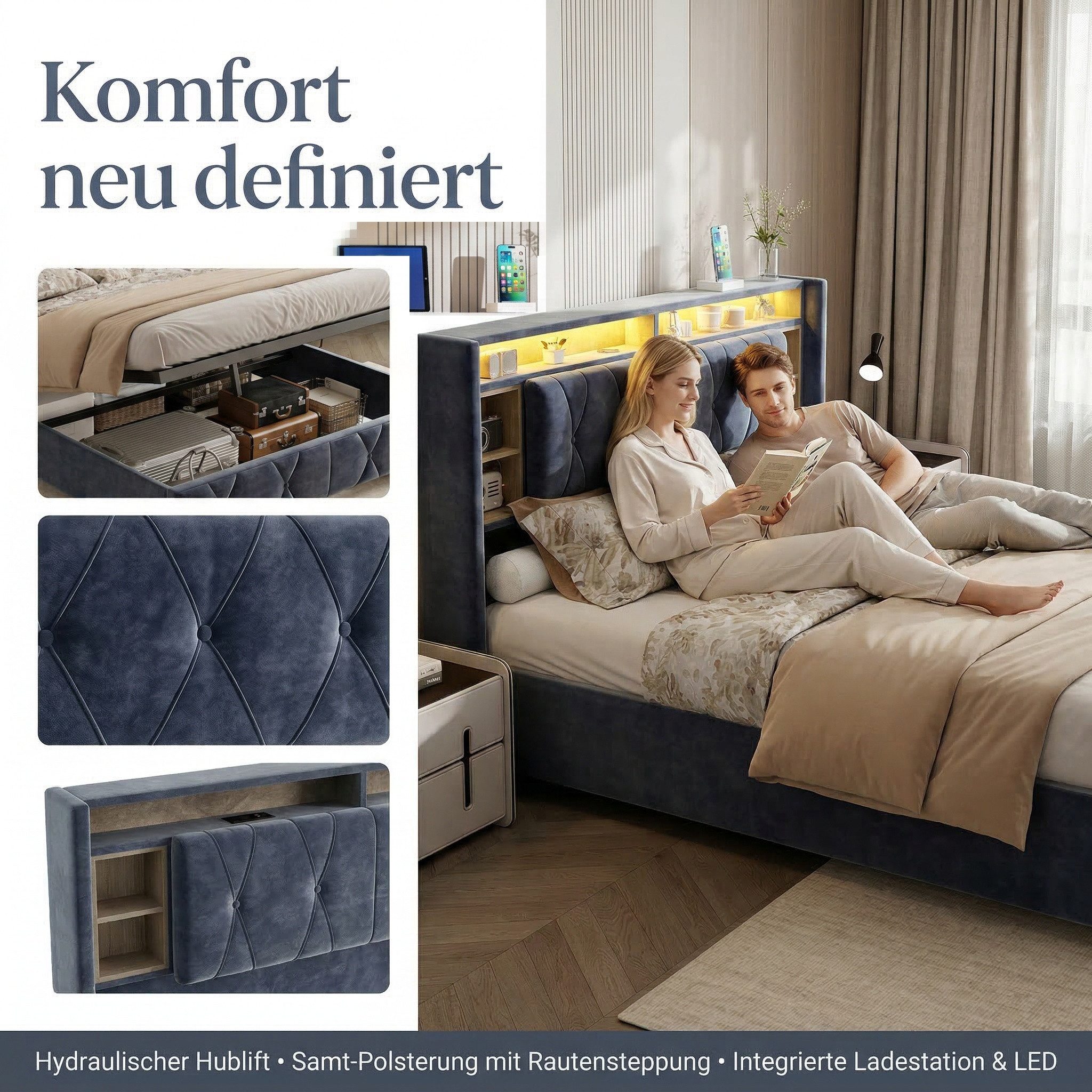 PXloue Stauraumbett Polsterbett LED hydraulisches Doppelbett, mit versteckt günstig online kaufen