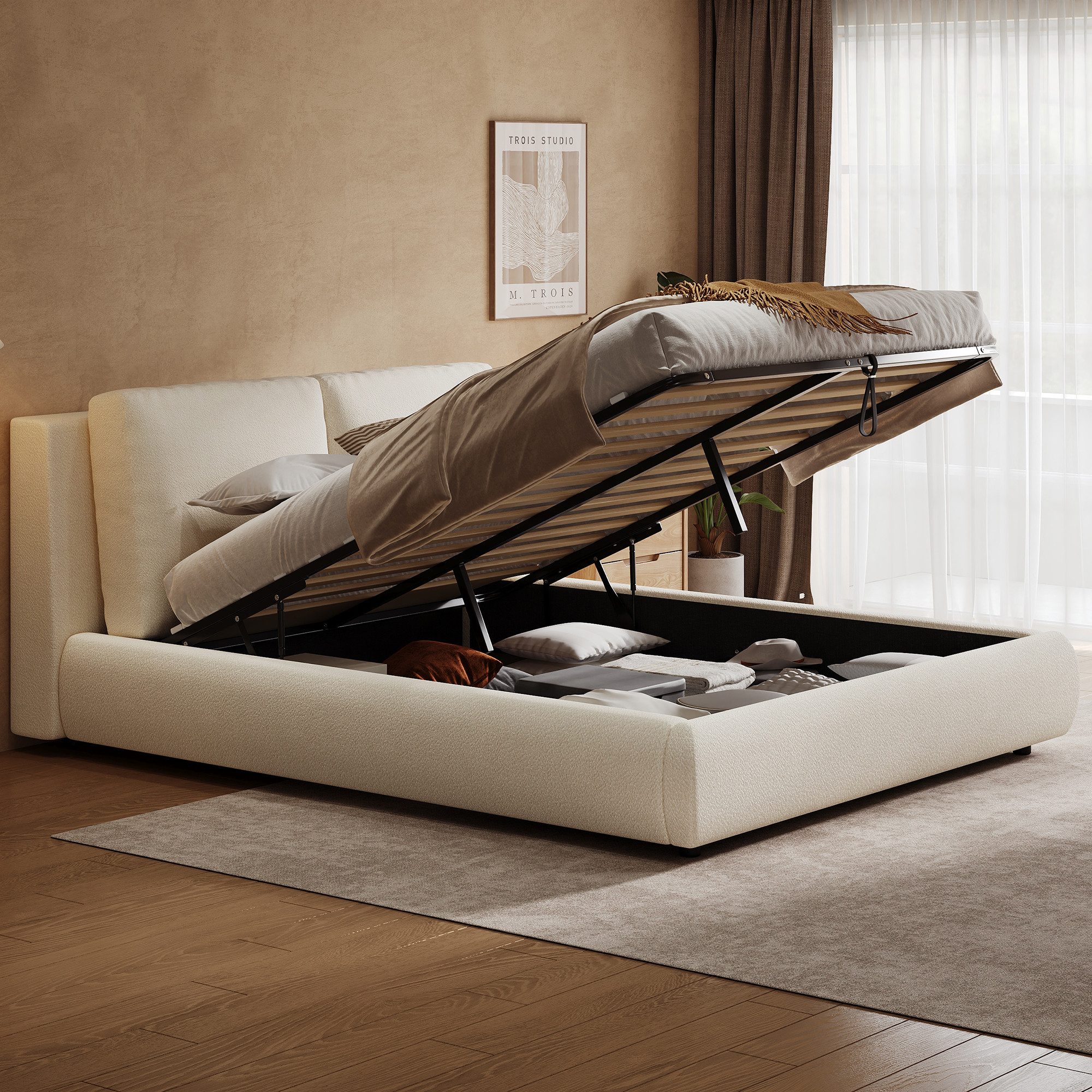 HAUSS SPOLE Polsterbett 160x200 Funktionsbett mit Bettkasten,Doppelbett aus Bouclé,Beige (Stauraumbett Jugendbett mit 12 cm gepolstertem Kopfteil, ohne Matratze), 160x200 Bouclé-Bett Schlafzimmerbett mit Stauraum