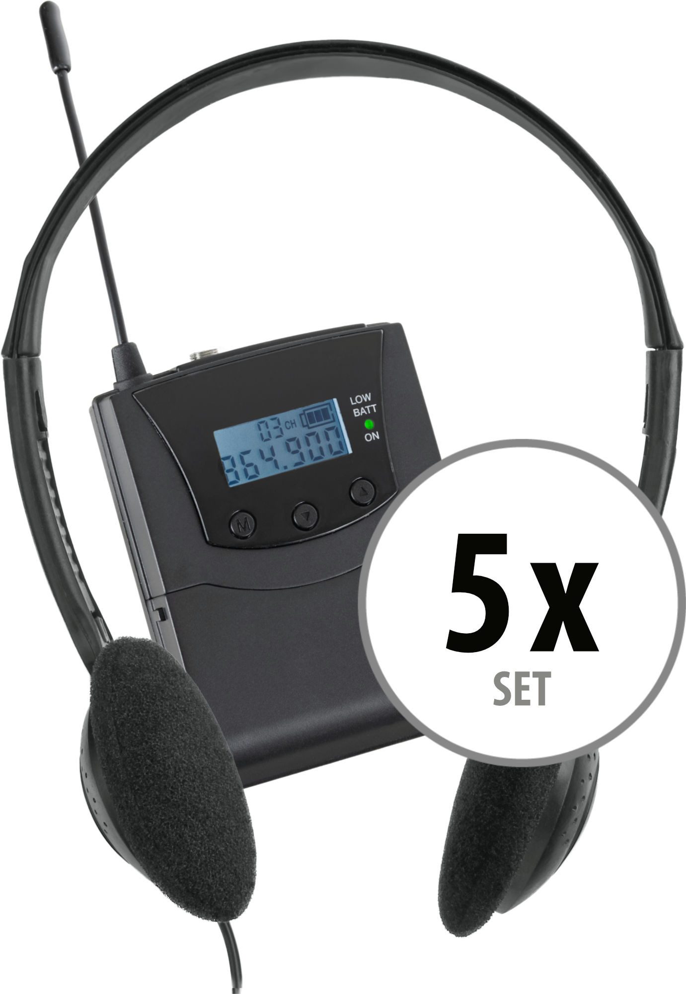 Pronomic Silent Guide Economy Set mit 5 Empfängern Funk-Kopfhörer (keine Sprachsteuerung, UHF-Technik, Mit Lautstärkeregler und Kanalwahlschalter)