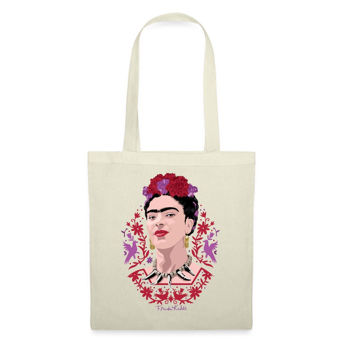 Henkeltasche Frida Kahlo Portrait Mit Blüten Lila Und Rot Stoffbeutel