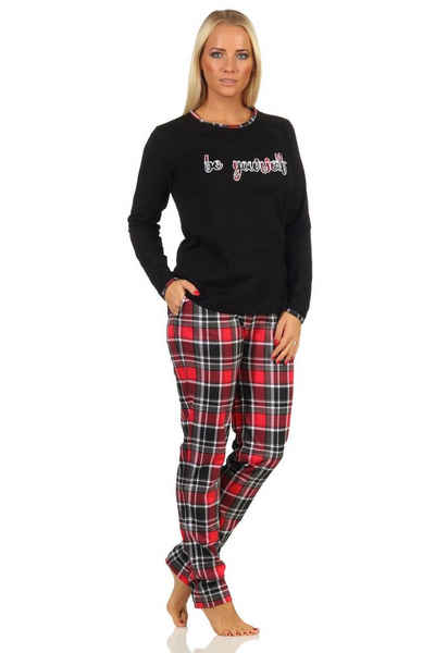 Normann Pyjama Damen Pyjama lang mit Karohose und Frontprint - auch in Übergrößen