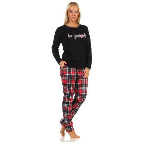 Normann Pyjama Damen Pyjama lang mit Karohose und Frontprint - auch in Übergrößen