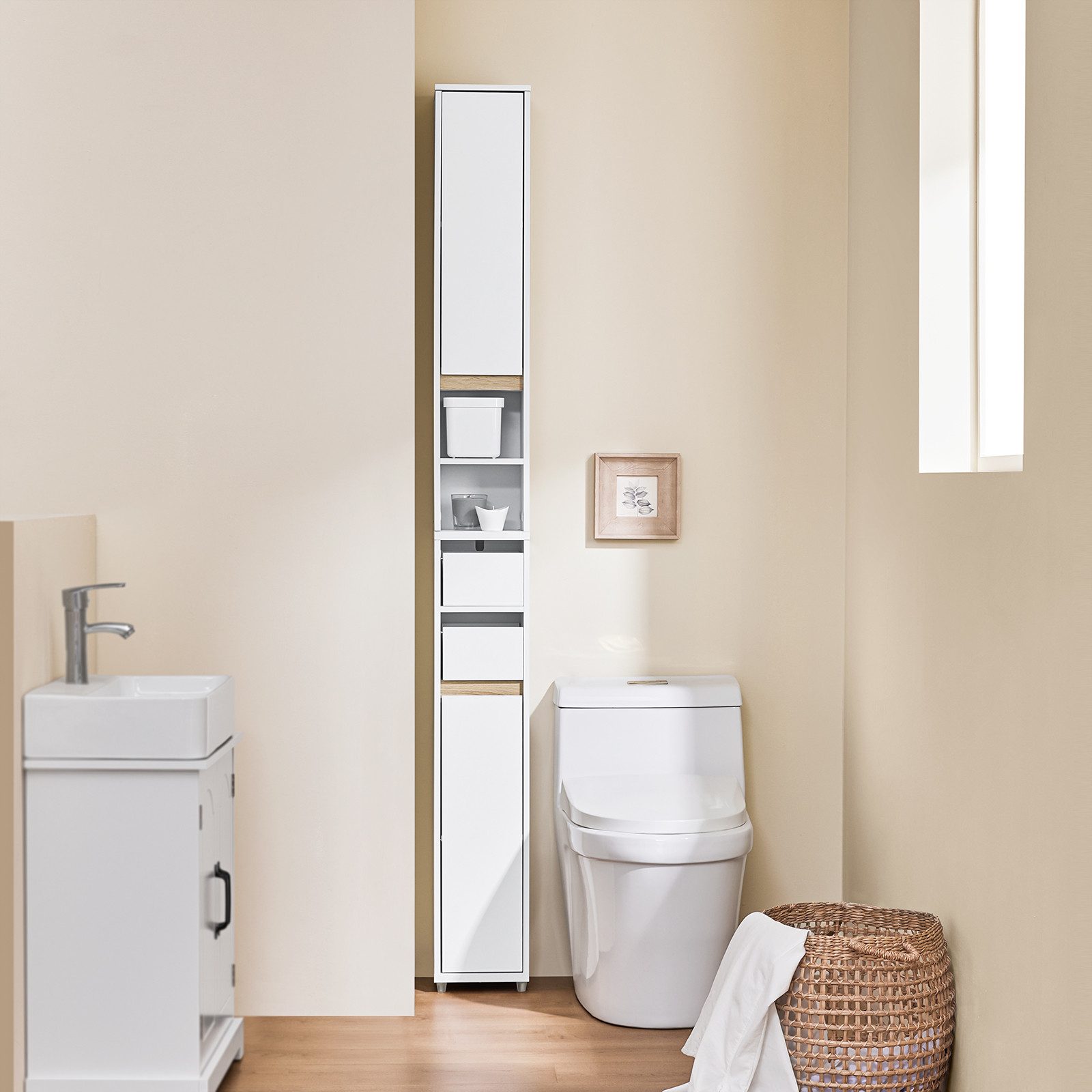 SoBuy Badkommode BZR151, Badezimmerschrank Badschrank Beistellschrank, Badezimmerschrank Badregal Toilettenschrank, mit verstellbarem Regal