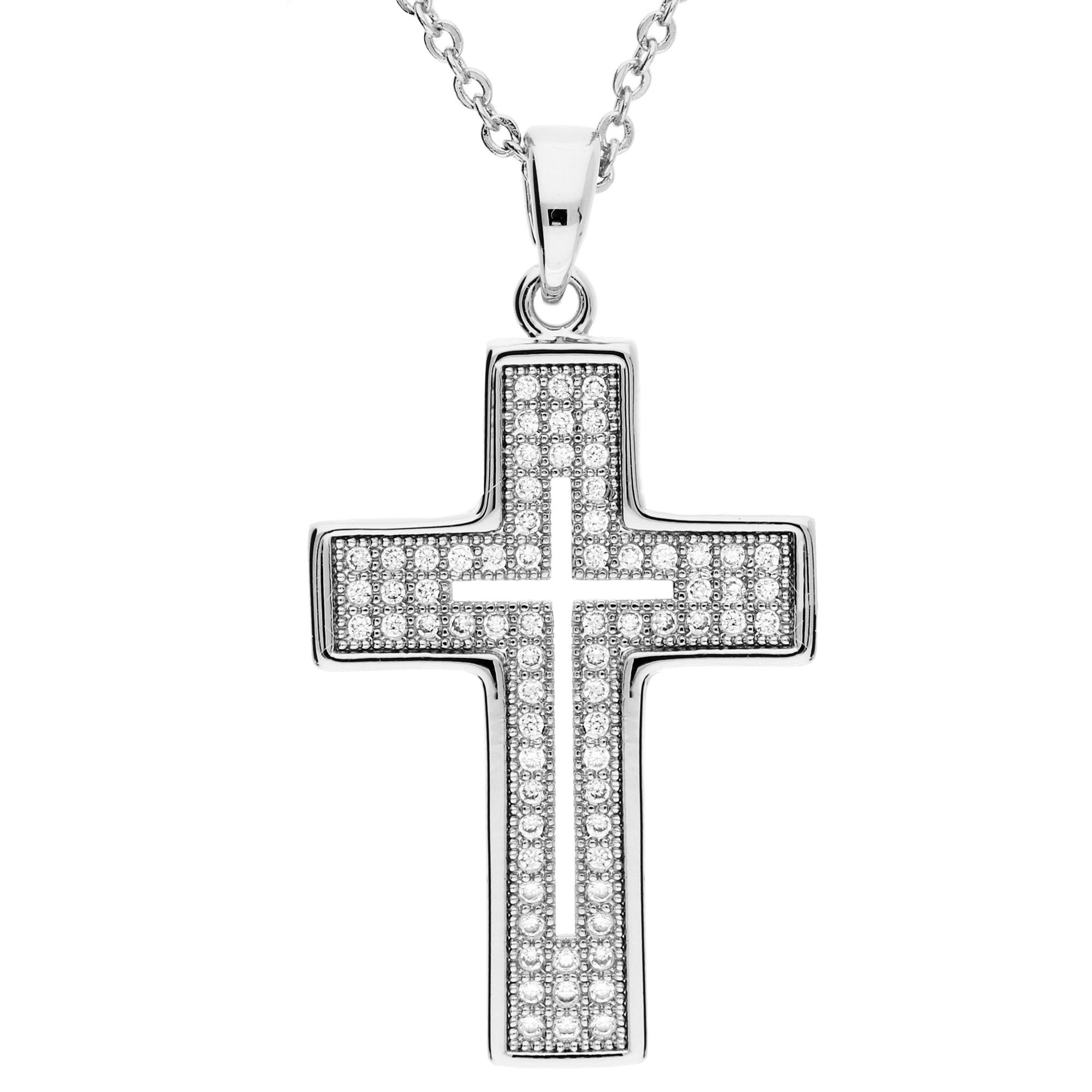 LÖB Kette mit Anhänger 18K Weißgold vergoldet Zirkonia Kette Kreuz