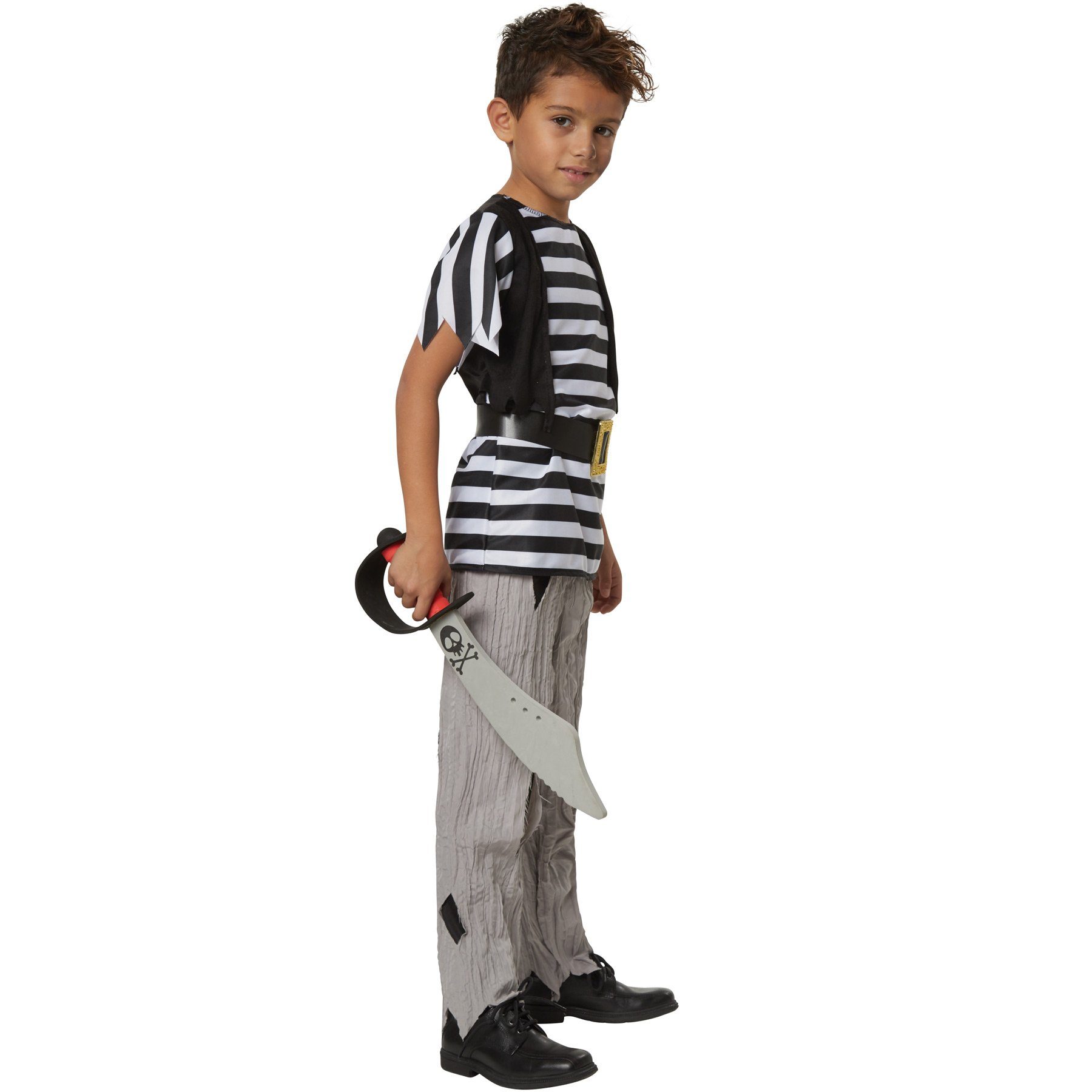 dressforfun Piraten-Kostüm Seeräuber, auch Freibeuter, in schwarz/weiß, Gr. 116 (5-6 Jahre), Gestreiftes Shirt mit kurzen Ärmeln, Angenähte ärmellose Weste