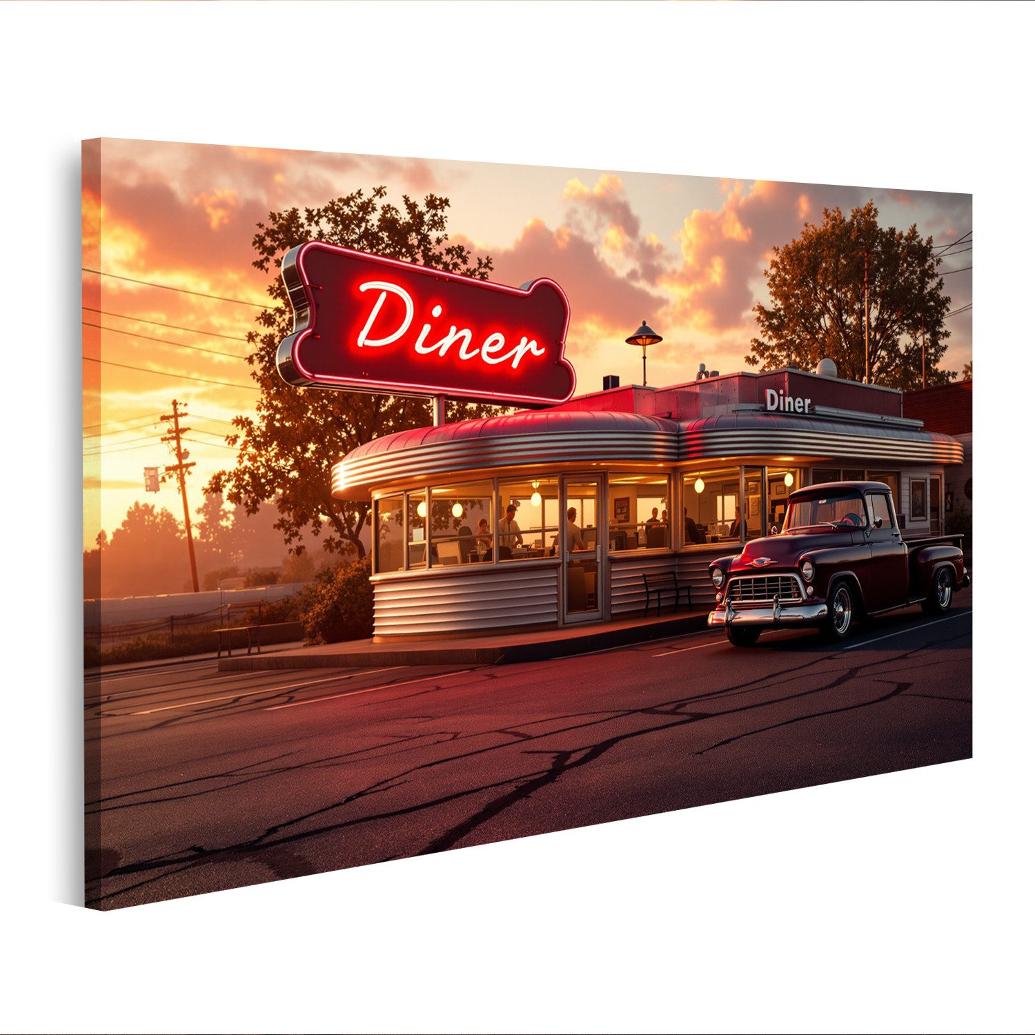 islandburner Leinwandbild Amerikanischer Diner im Retro-Stil der 50er Jahre mit warmem Licht -