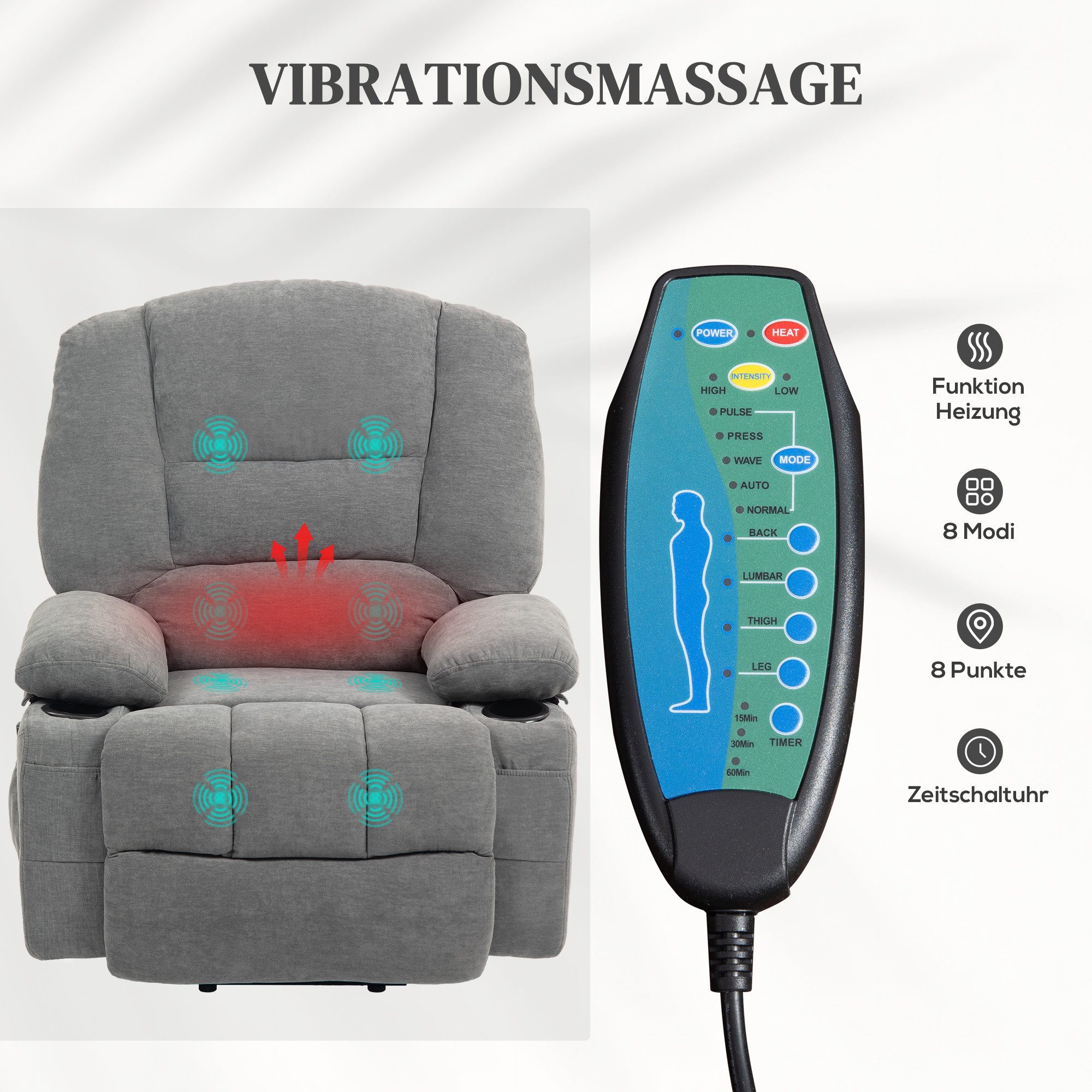 HOMCOM Relaxsessel Fernsehsessel mit Aufstehhilfe Massagesessel Becherhalter (Kord, 1-St., TV-Sessel), mit Seitentasche und Fernbedienung, Dunkelgrau – Bild 5 von 5