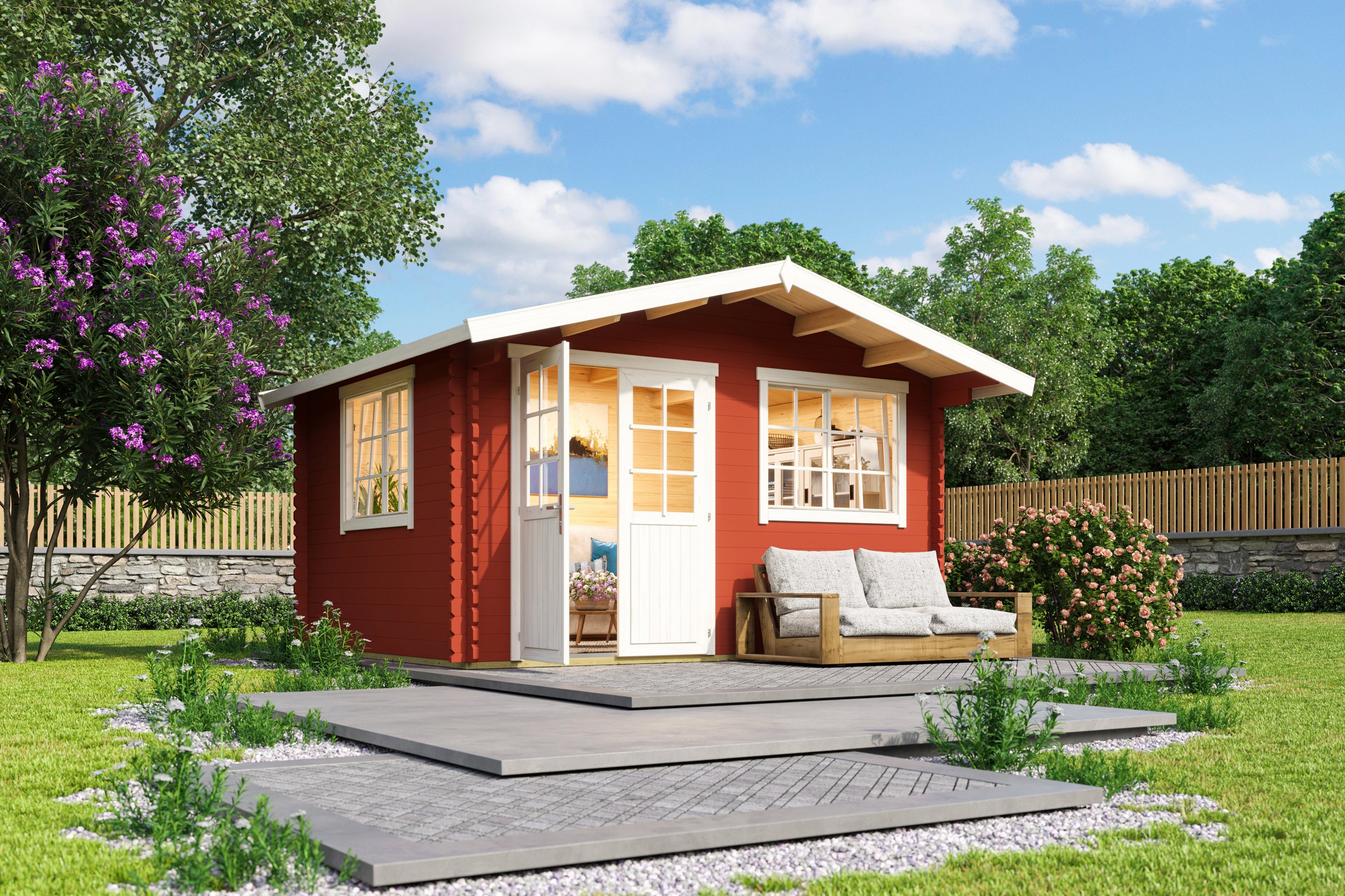 LASITA MAJA Gartenhaus Norderney 2, BxT: 410x390 cm, Blockbohlenhaus 40 mm,  Fundamentmass 3900 x 3000, Schwedenrot