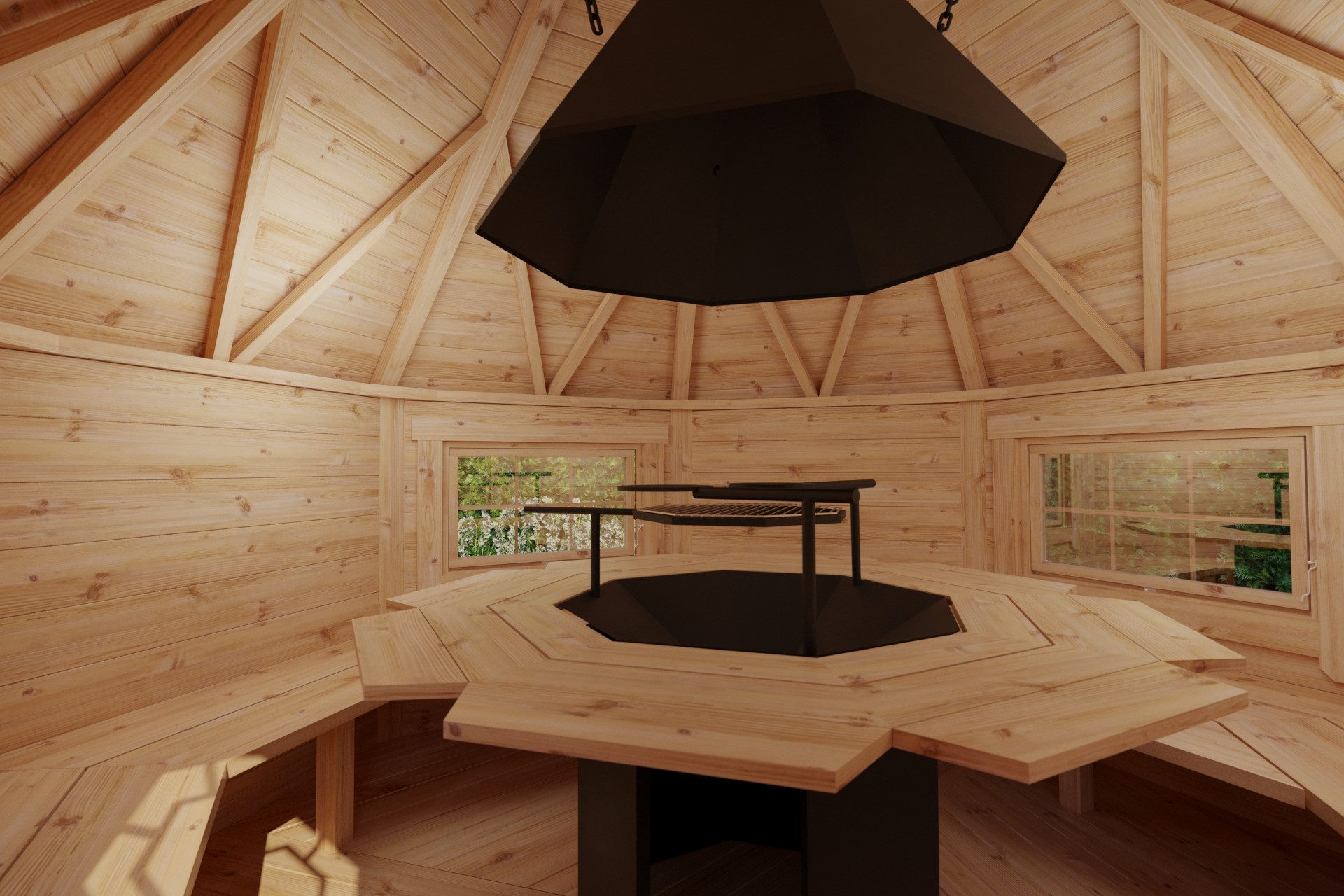 Finn Art Blockhaus Grillkota Grillpavillon 8-eckig Elegance 6,9 max. 12 Personen, BxT: 291x291 cm, Schindeln schwarz, mit Grillanlage, mit 18 mm Fußboden