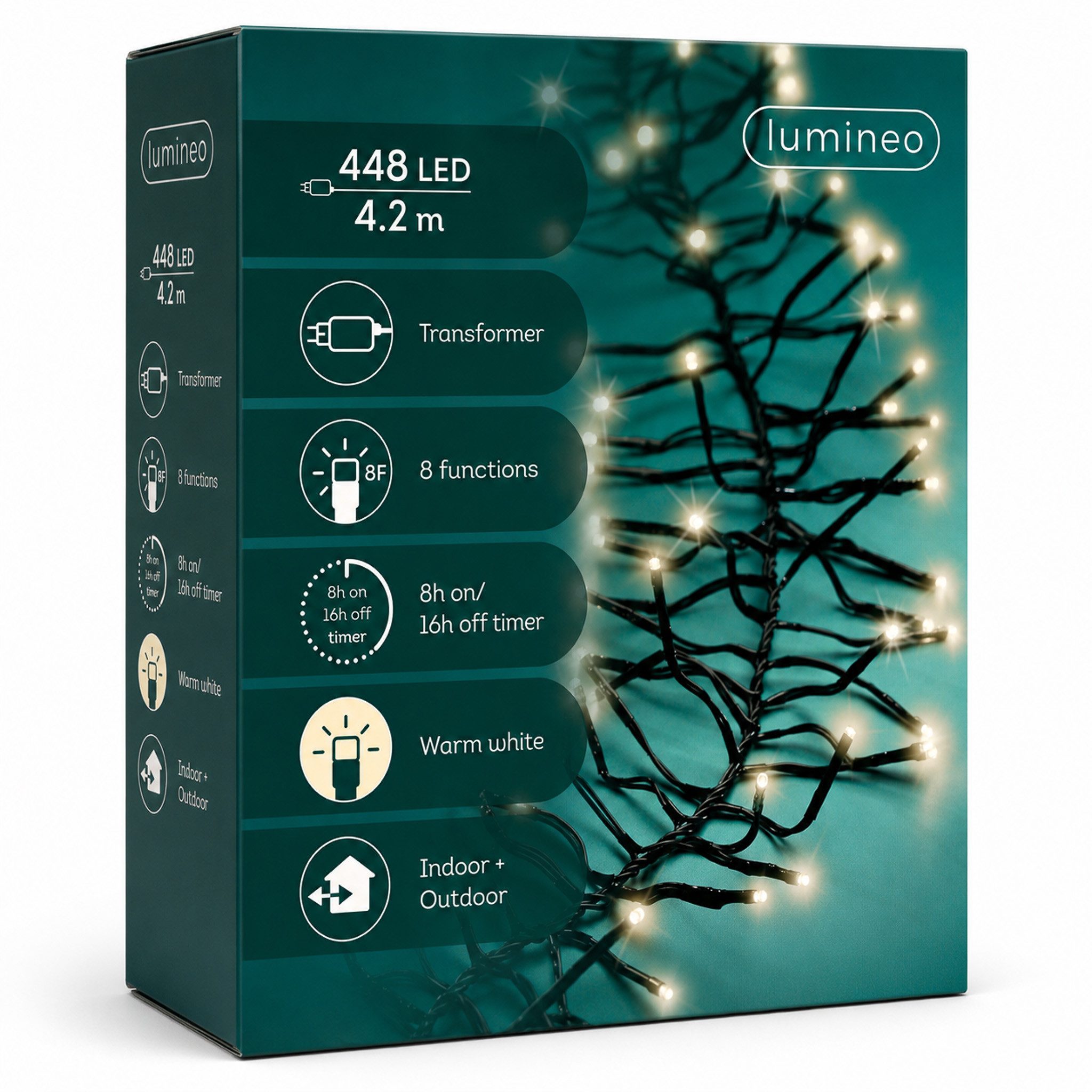 Lumineo LED-Lichterkette, LED Cluster Lichterkette 4,2m mit Trafo 448 LEDs Warmweiß / Schwarz