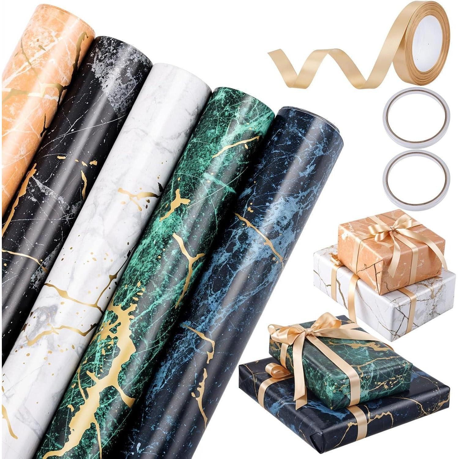 Geschenkpapier Geschenkpapier 5 Rollen 43cm 3m Marmor Gold Geburtstag Mehrfarbig