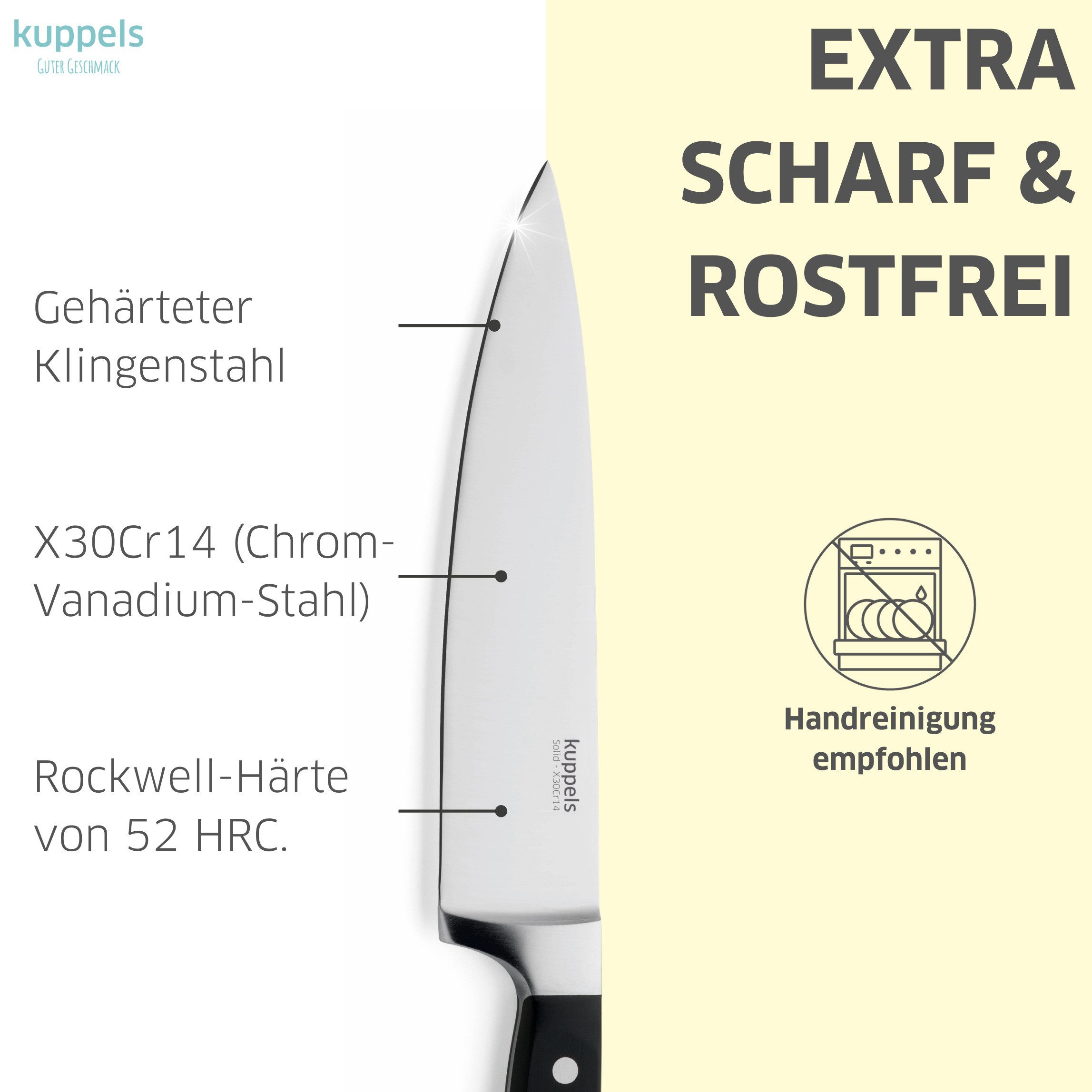 Kuppels Kochmesser SOLID, Klingenstahl, Kunststoff. Handreinigung empfohlen. Klingenlänge: 20 cm