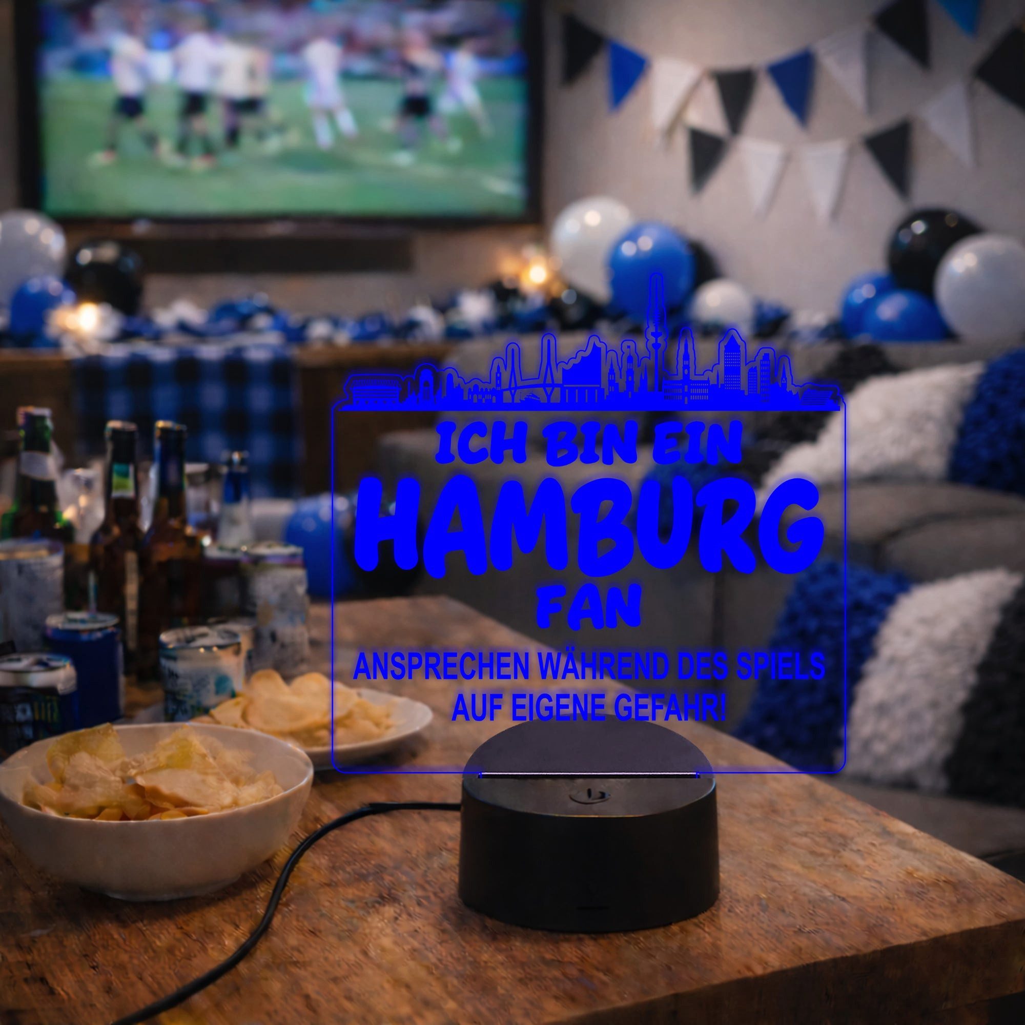 Lieblingsmensch LED Nachtlicht Fußball - Ich bin ein Hamburg Fan - Ansprechen auf eigene Gefahr, LED fest integriert, Farbwechsel oder feste Farbe mit Fernbedienung & Touch, Man Cave Stimmungslicht – 19x23cm