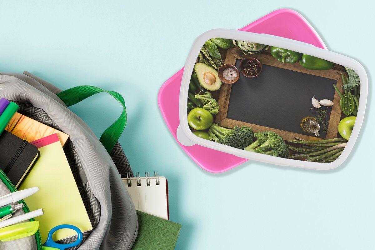 MuchoWow Lunchbox Obst Mädchen, Erwachsene, Kinder, für Kreidetafel Gemüse, - (2-tlg), rosa - Brotdose Snackbox, Kunststoff Kunststoff, Brotbox