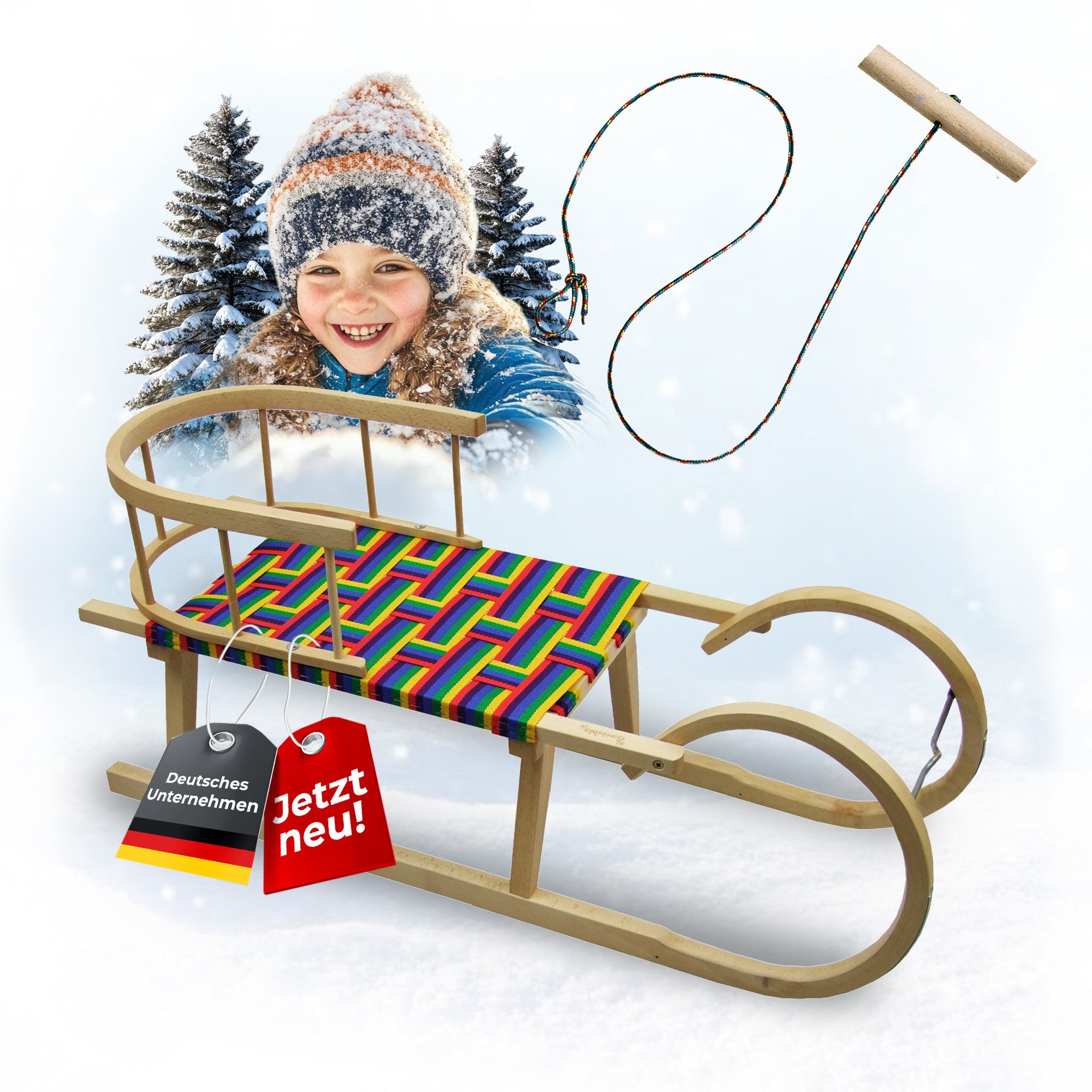BambiniWelt by Rafael K. Санки CE-Hörnerrodel Деревянные санки Hornschlitten mit Rückenlehne + Seil bunt