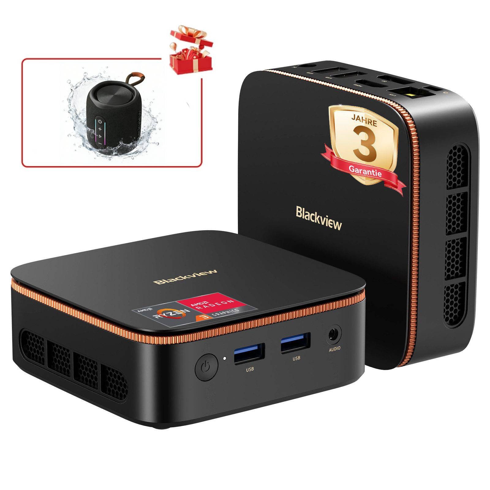 blackview 2026 MP20 AMD Ryzen 3 16GB + 512GB/Bluetooth-Lautsprecher Mini-PC (AMD AMD Ryzen 3, AMD Ryzen 3300U, 16 GB RAM, 512 GB SSD, Windows 11 Pro, bis zu 3,5 GHz, 4K UHD, HDMI Gigabit Ethernet)