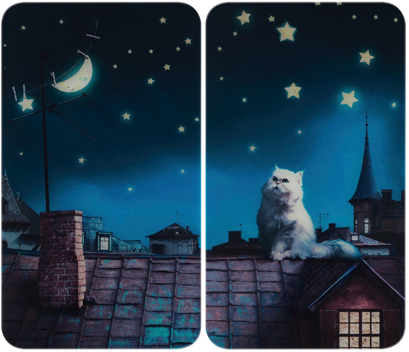 WENKO Herd-Abdeckplatte Universal Modell Moon Cat, Glas, (Set, 2 tlg), Herdabdeckung für alle Herdarten, kratzfest, mit rutschfesten Füßen