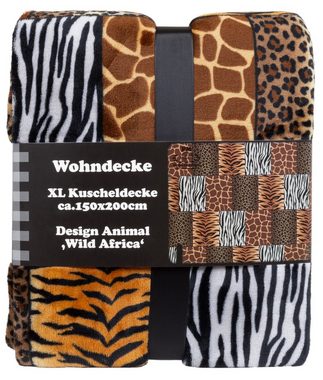 Wohndecke Tiermotiv Afrika flauschig weiche Kuscheldecke, Trendyshop365, 150x200 cm, Felloptik Tiger Leopard Zebra