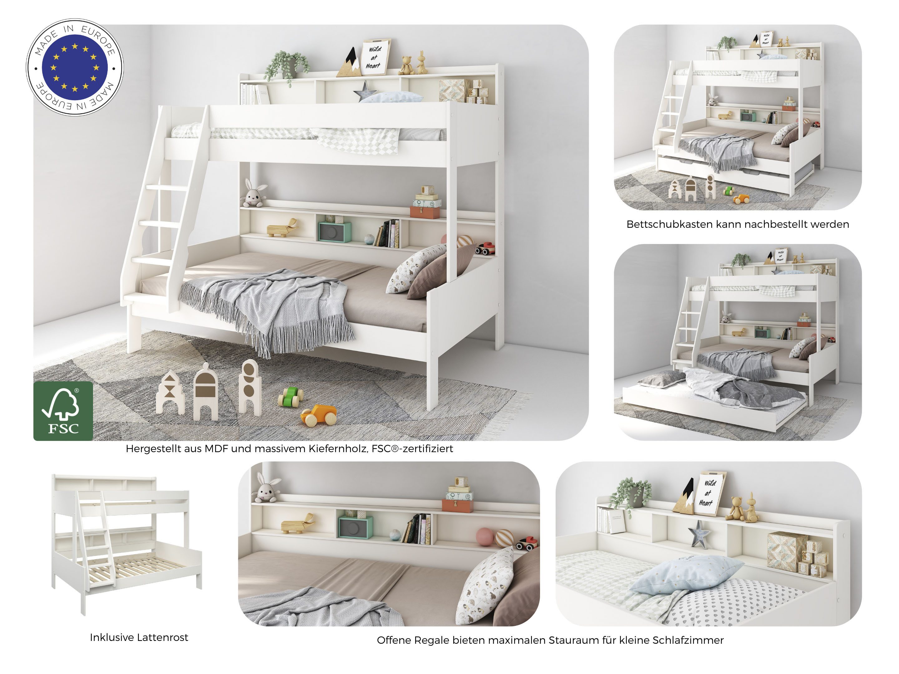 Lüttenhütt Jaime II bunk bed, bunk bed, plenty of storage space, with shelves, solid wood with MDF (upper bed 90x200cm, lower bed 120x200cm), wide sleeping area on the lower bed, FSC® certified, Made in the EU, 3rd sleeping space optional