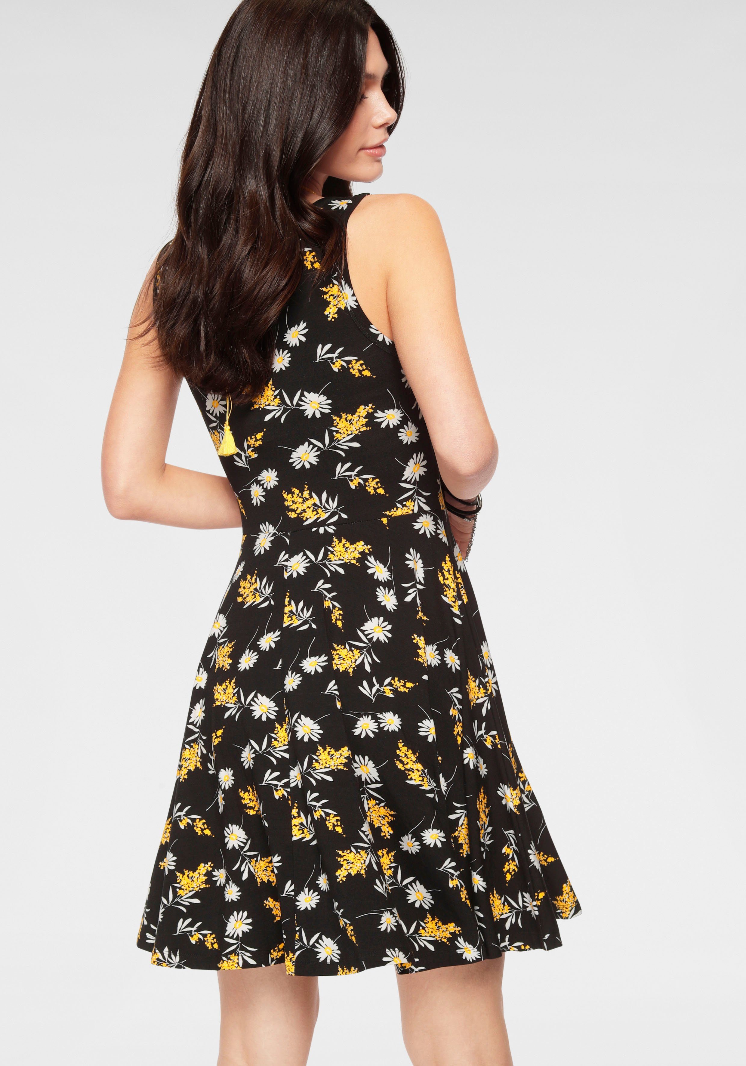 Laura Scott Jerseykleid mit weit schwingendem aus schwarz-gelb-geblümt nachhaltigem Material) Saum (Jerseykleid