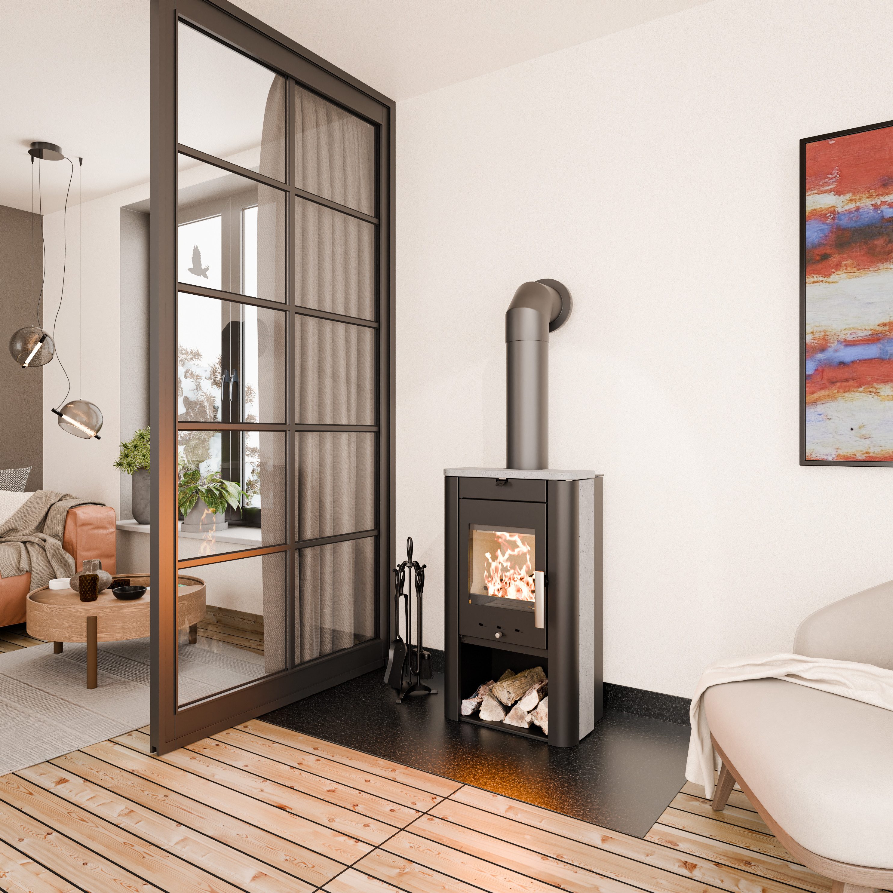 Haas + Sohn Kaminofen PRUNUS II Stein tief-schwarz, Serpentino mit Holzfach, 6,4 kW, Zeitbrand