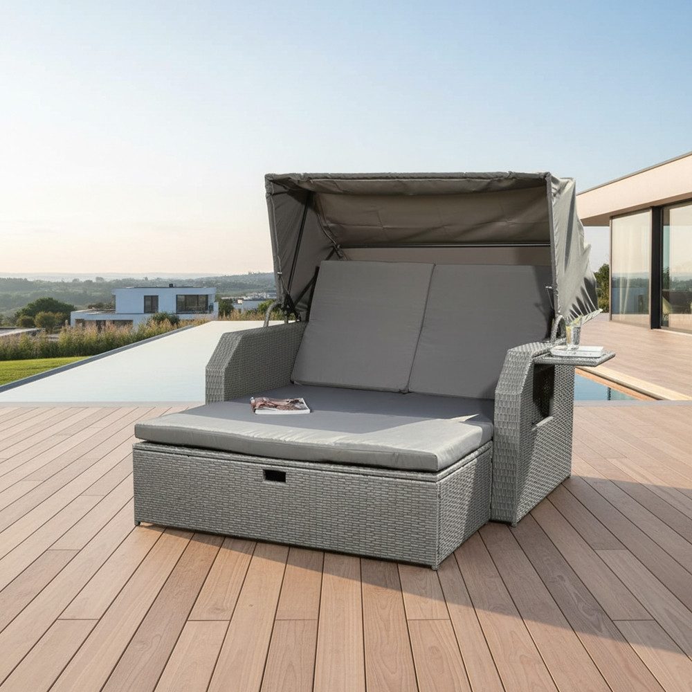 Feel2Home Strandkorb Strandkorb Grau Garten Sonnendach Sonnenliege Sonnenbett Polyrattan, BxTxH: 145x143x130 cm, Sonnenschutzdach