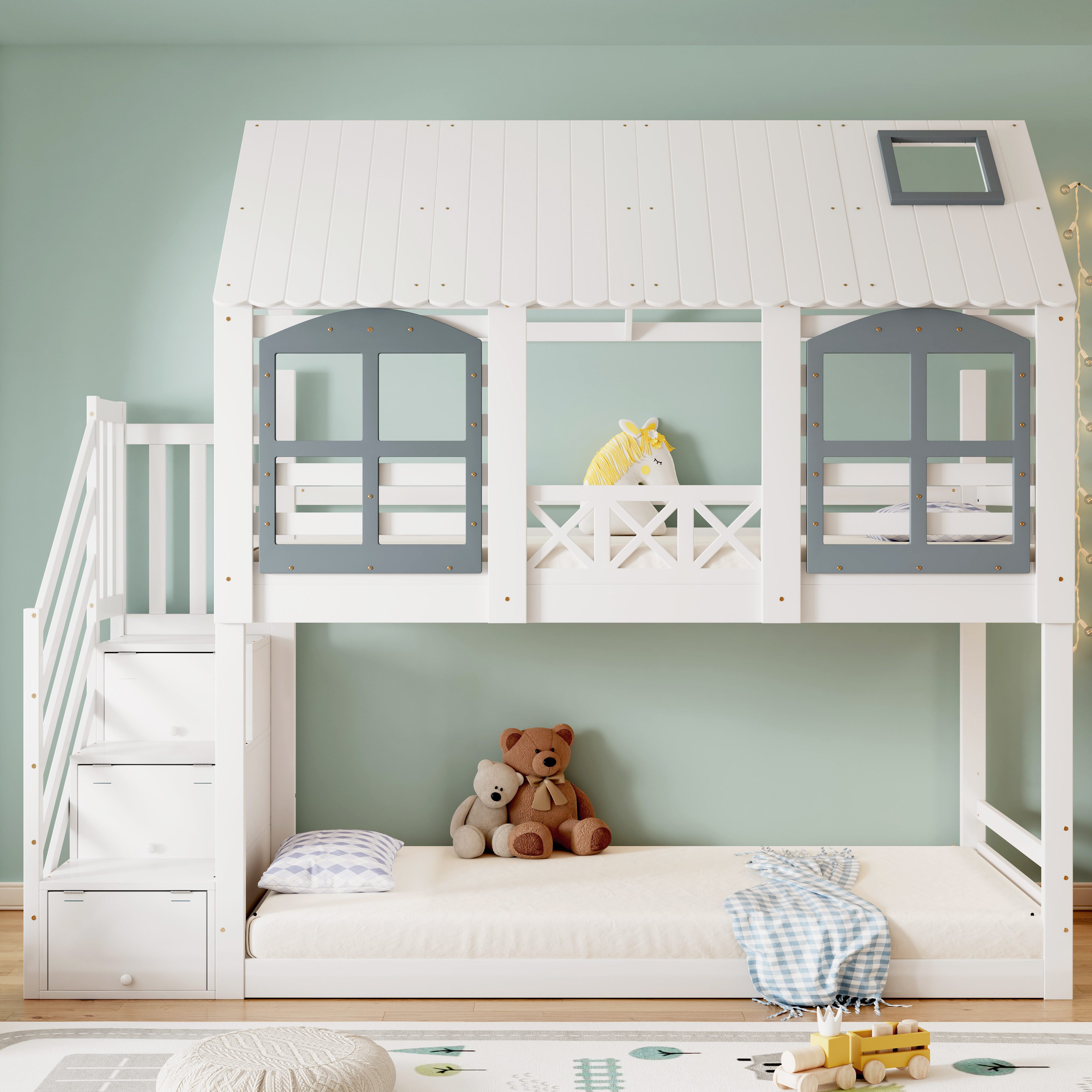 Merax Etagenbett (3 Schließfächer in der Treppe, 1-St., Kieferholzbett Jugendbett Hausdbett mit Fallschutzgitter), Kinderbett 90x200cm mit Aufbewahrungstreppe, Hochbett mit Fenster&Dach