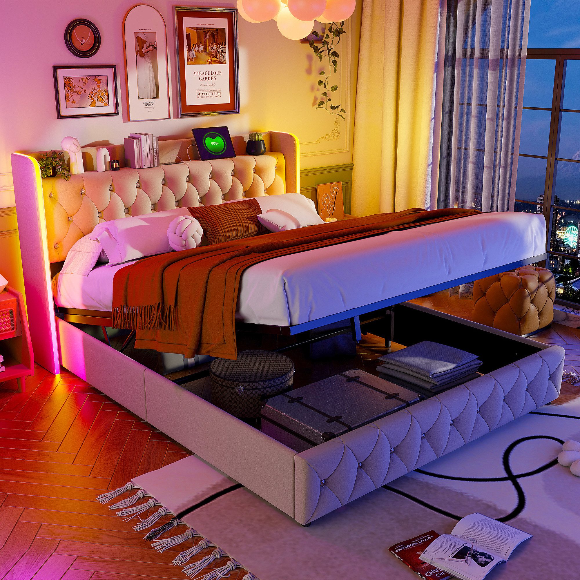 PXloue Polsterbett Doppelbett mit LED Licht 160x200cm,Hydraulisch anhebbare günstig online kaufen