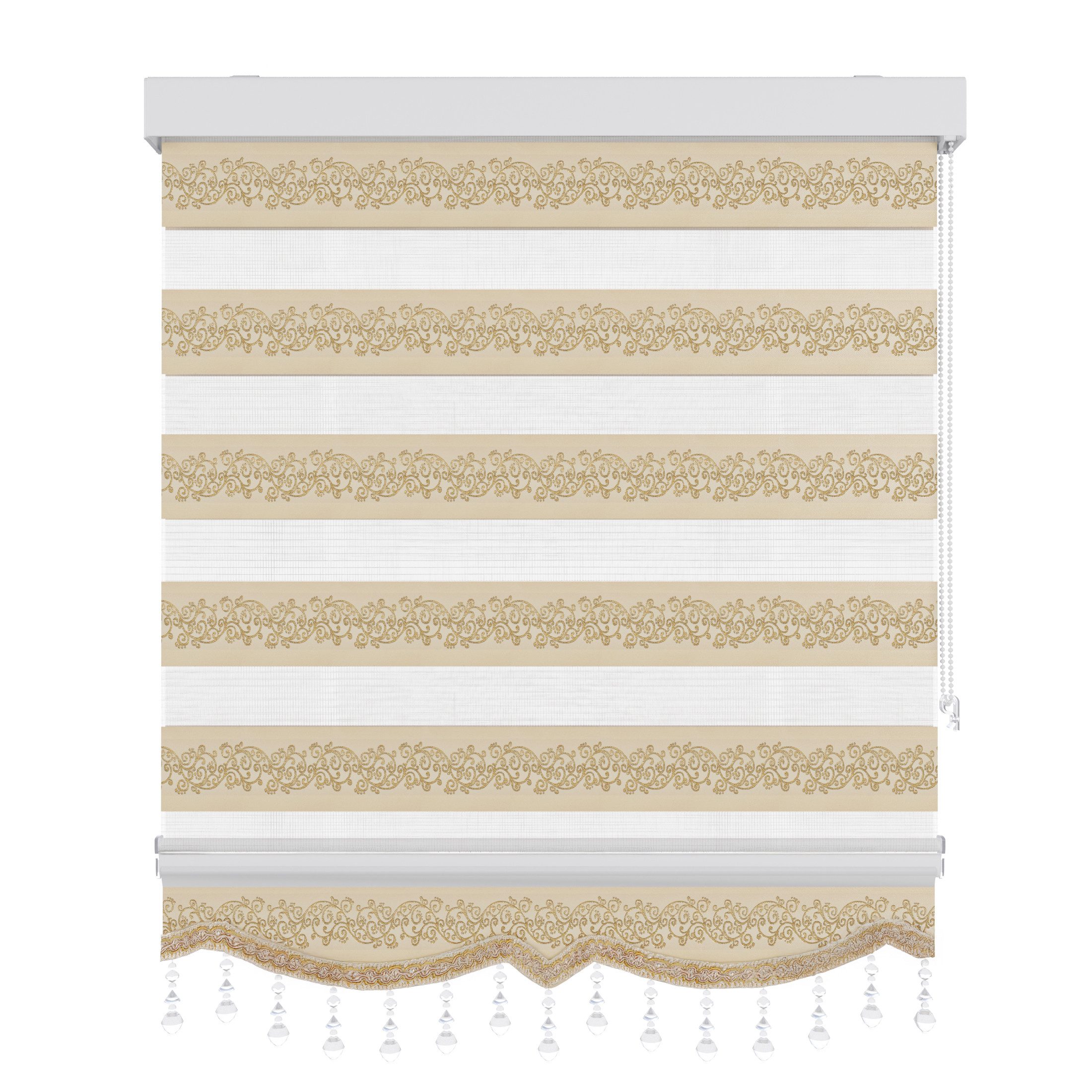 Doppelrollo Duorollo Doppelrollo mit Kassette Rankenmuster und Perlen Höhe: 250 cm, Plisseeonline, blickdicht, Deckenmontage, Freihängend, Deckenmontage mit Clips, Mit Motiv und Alu Kassette in Weiß Gold Schwarz
